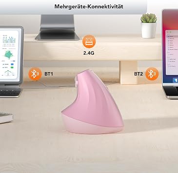 KYSONA EM18 Wireless Ergonomic Mouse Bluetooth Enabled Vertical Mice Quiet Click 5-Level Adjustable DPI Compatible with Computer PC Mac Laptop Pink