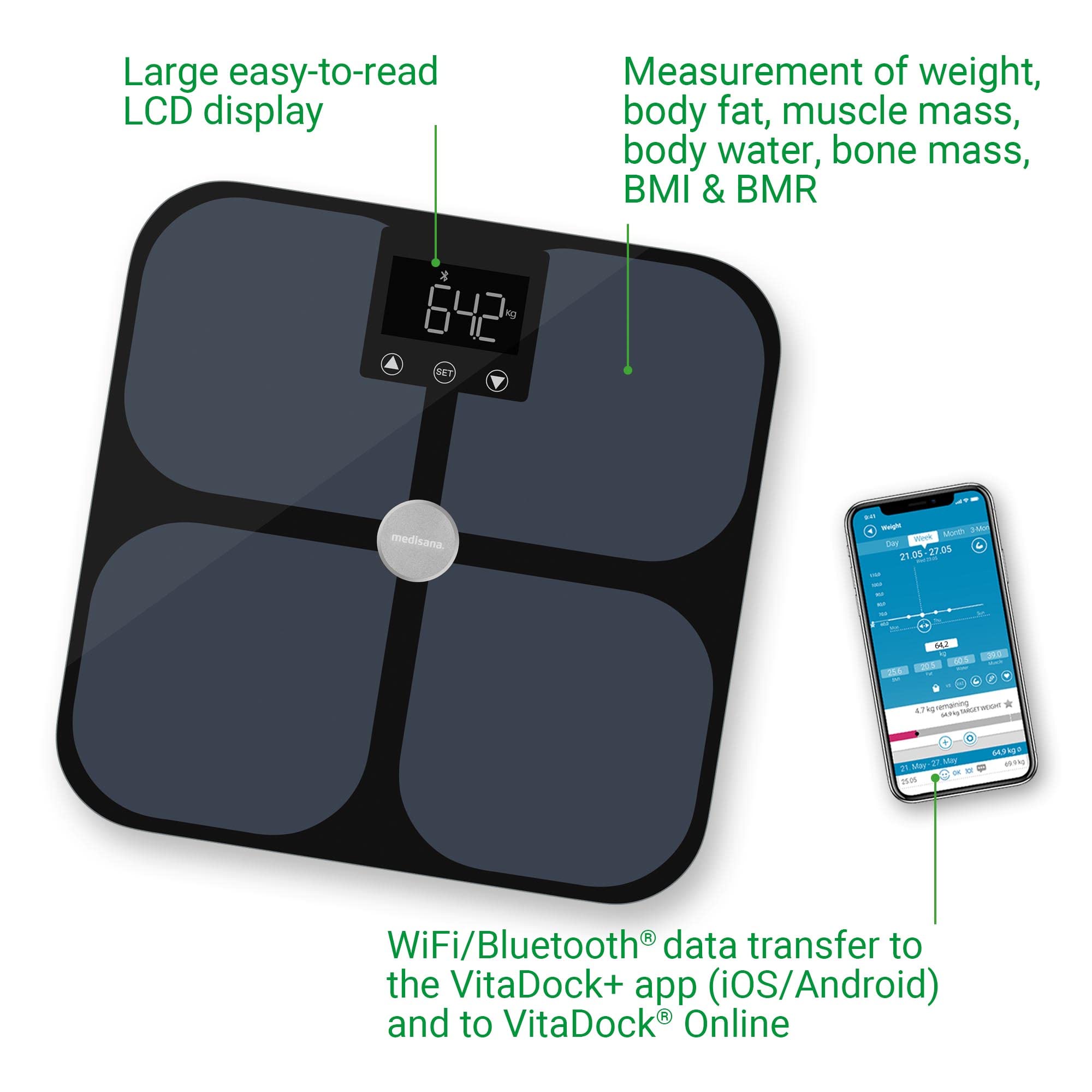 medisana BS 650 báscula de análisis corporal con W-LAN o Bluetooth, báscula personal para medir grasa y agua corporal, masa muscular y peso óseo con app de análisis corporal VitaDock+