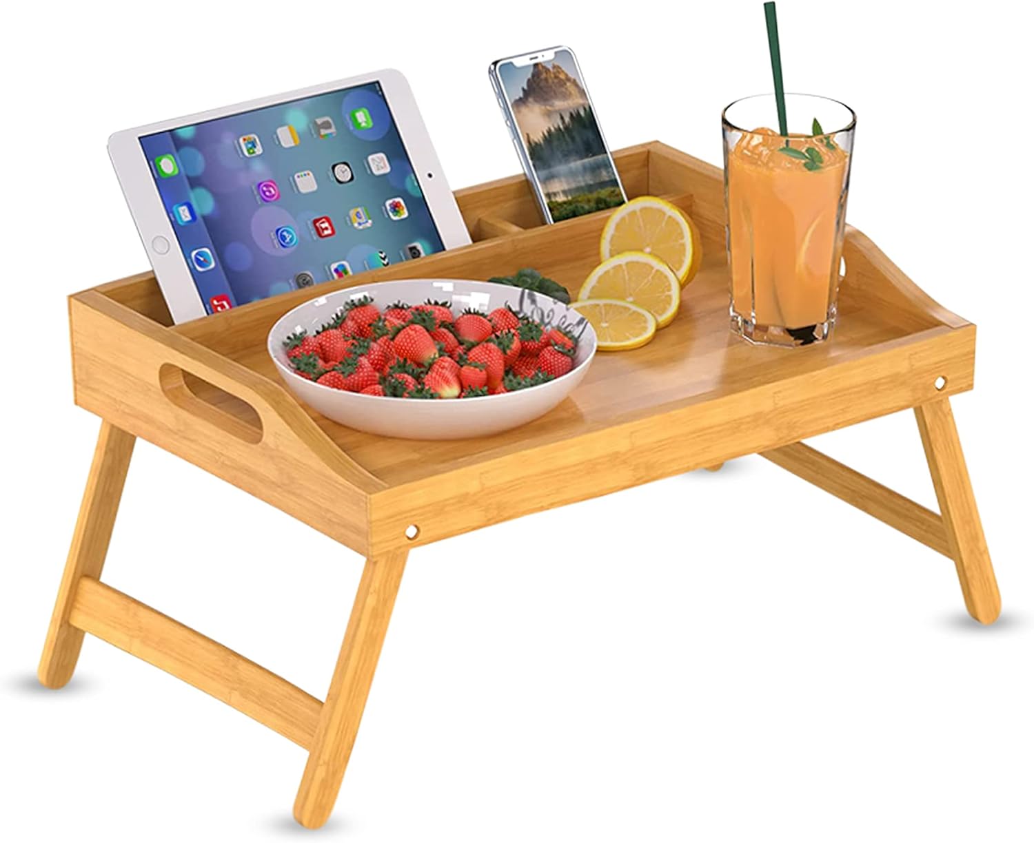 Bamboo Bed Tray with Folding Legs, Portable Serving Tray for Breakfast in Bed, Reading, Working or Picnics (Large)