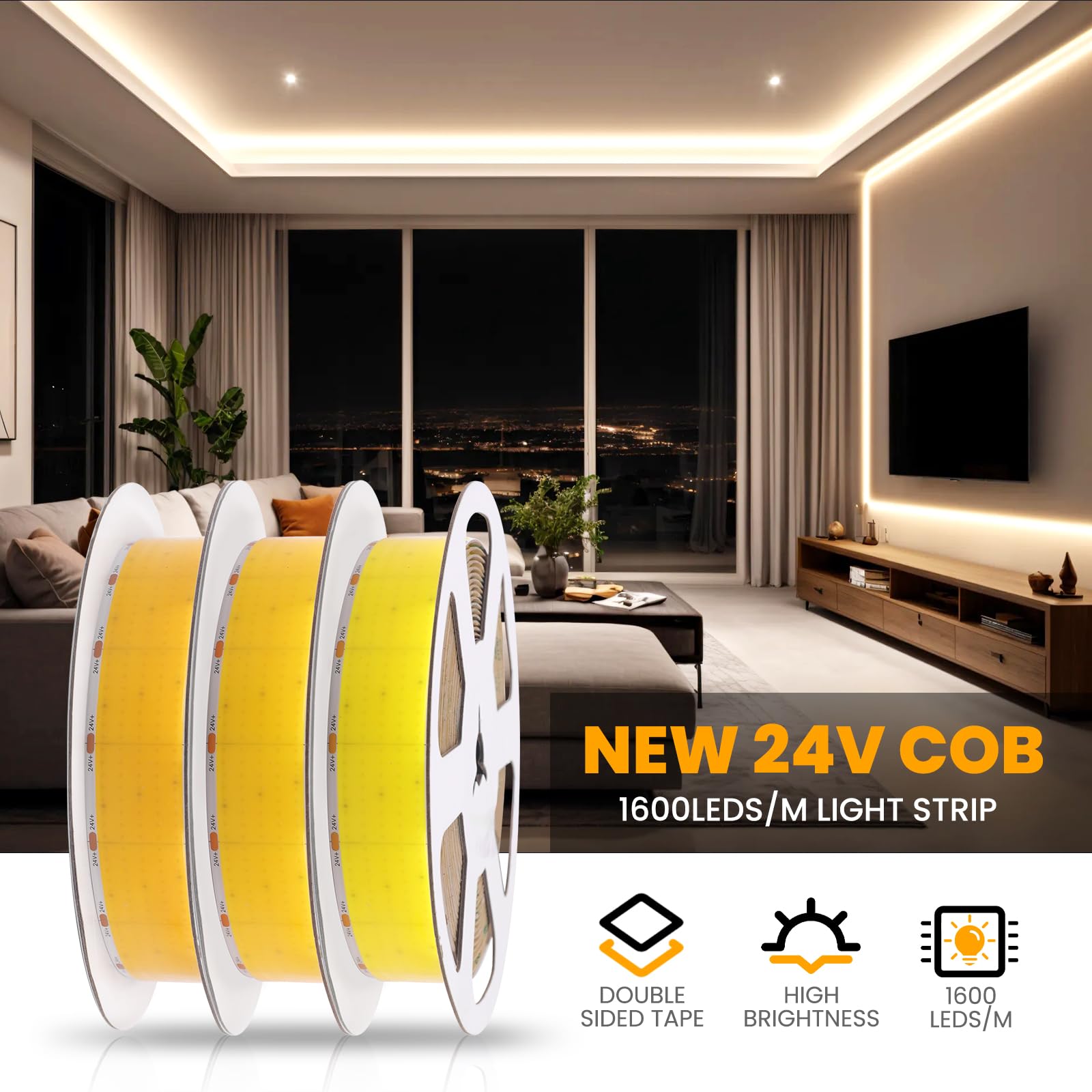 24 V COB Tira de LED, 1600 LEDs/m flexible 5 filas 30 mm de ancho Tira LED autoadhesiva no impermeable IP20 2 pines para decoración de fiestas en casa