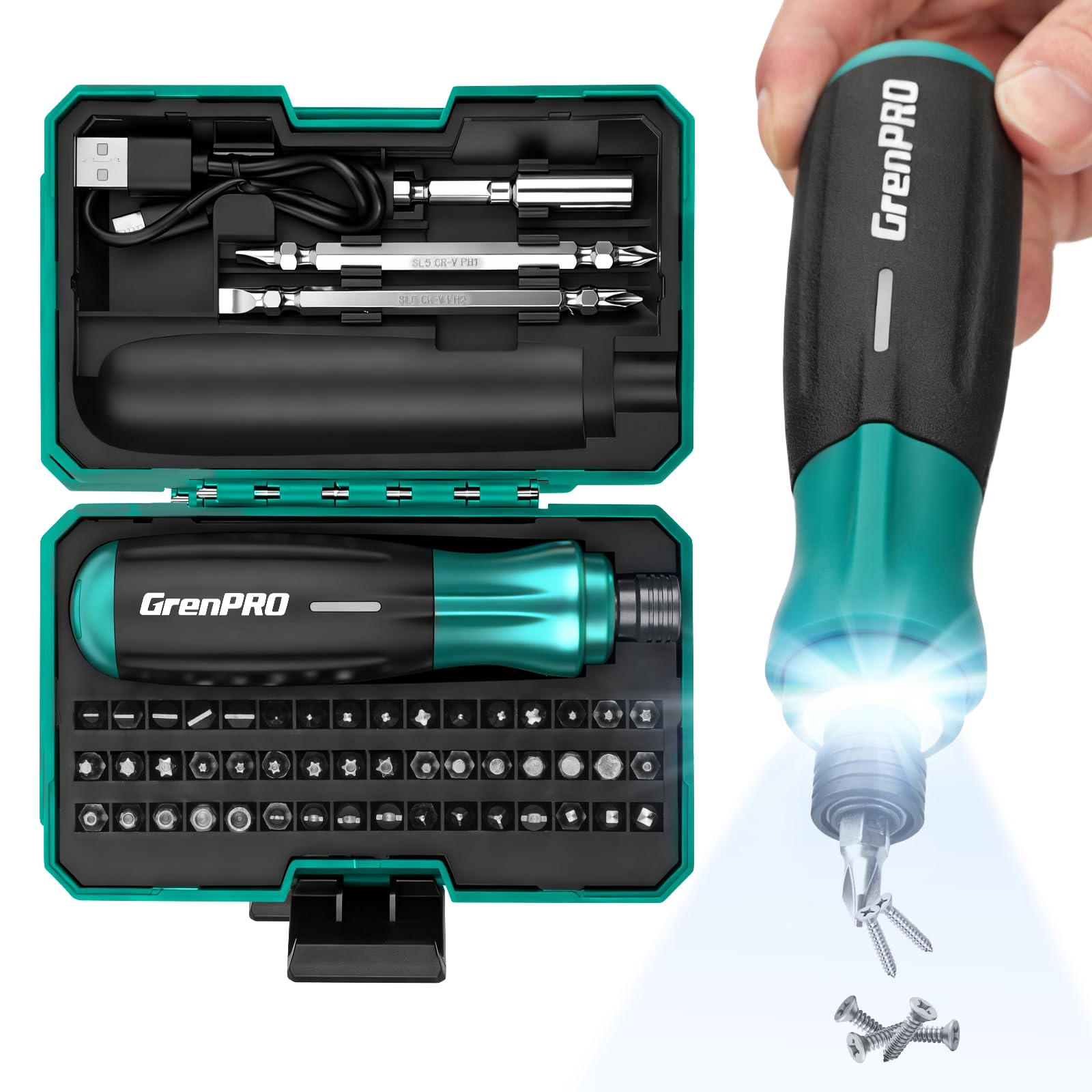 GRENPRO 4V Electric Screwdriver Rechargeable Cordless Screwdriver Set with 51 Magnetic Bits LED Light Left Right Rotation USB