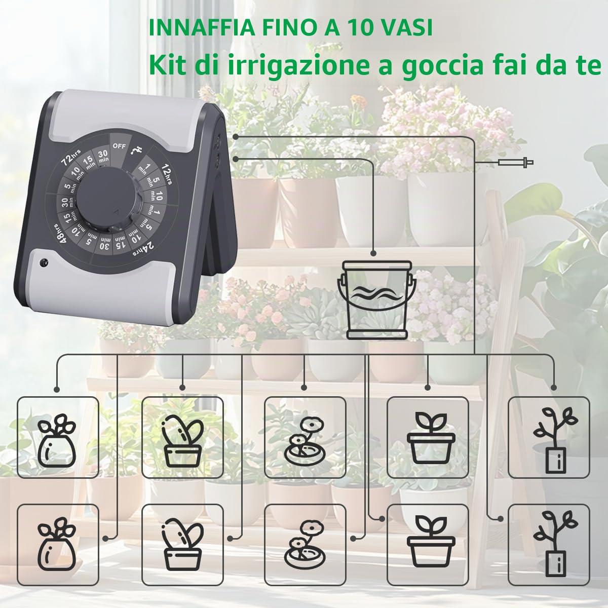 Sistema di irrigazione automatico per piante, kit per 10 piante in vaso, irrigatore a goccia per vacanze in giardino