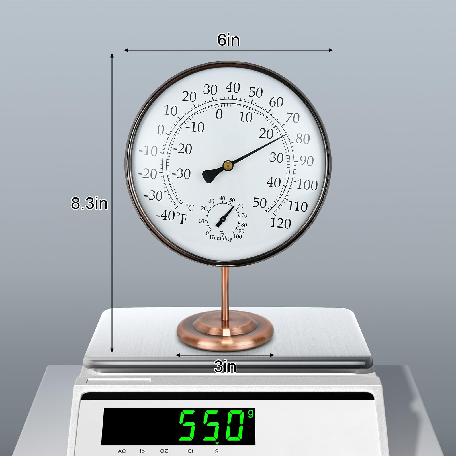 Termometro igrometro da esterno da 15,2 cm, in ottone massiccio, analogico, con supporto, non richiede batteria, igrometro per casa, ufficio, tavolo o decorativo