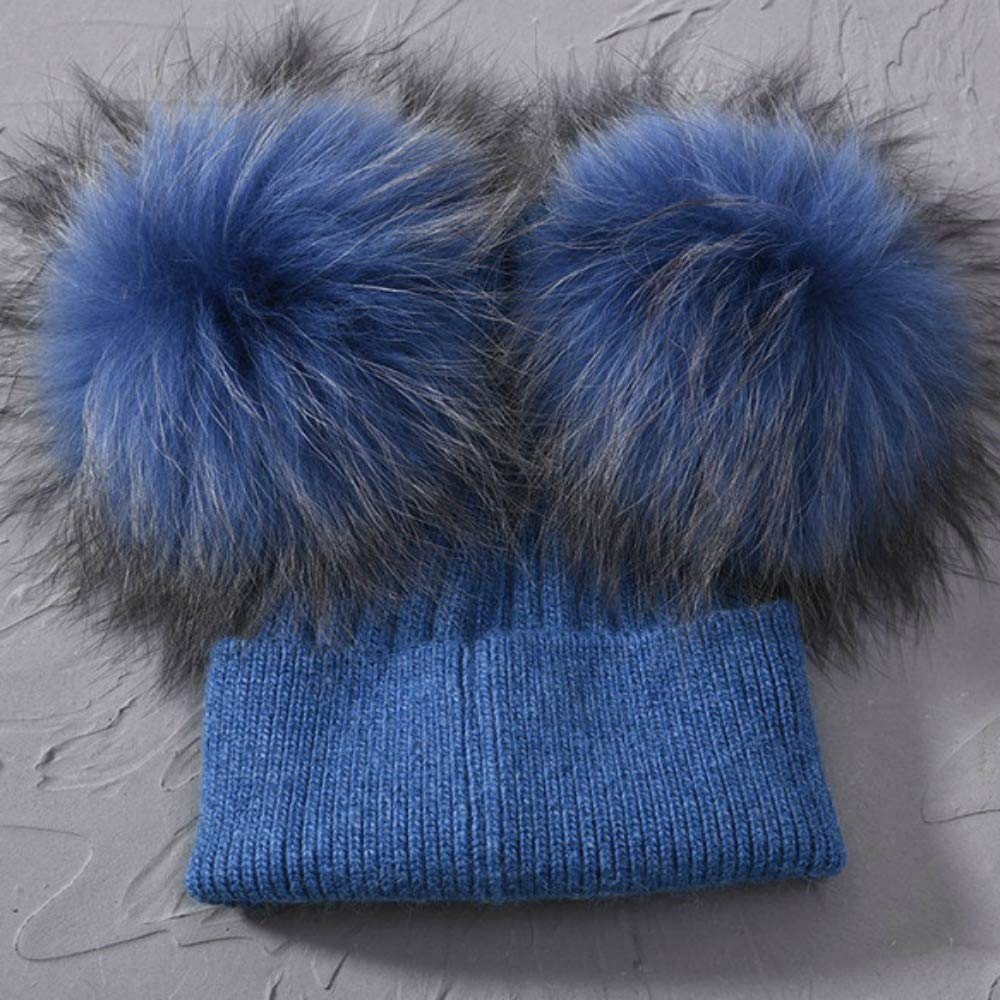Gorro de cachemira de piel auténtica con doble pompón, para mujer, de invierno, para mujer ROYAL BLUE Talla única