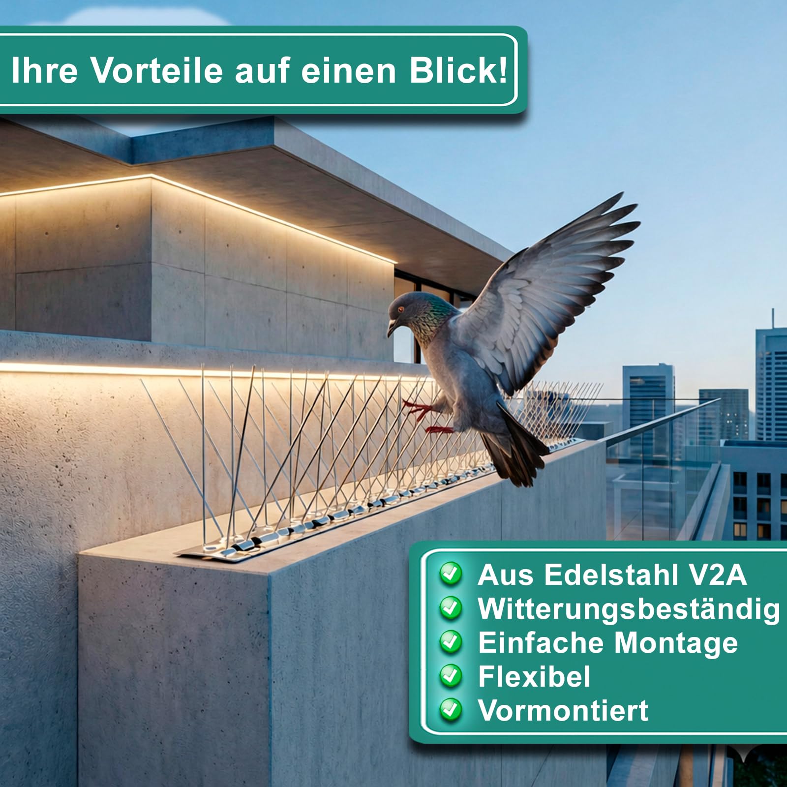 PRIOstahl Taubenabwehr Vogelabwehr 5-reihig 10 Meter (10 x 100cm) vormontierte & einsatzbereite Spikes inkl. Kabelbinder Profi Vogelschreck für Tauben & kleine Vögel wetterbeständig aus Edelstahl V2A
