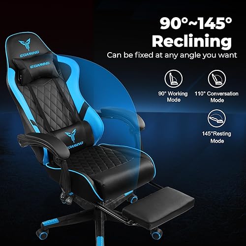 Miniatura 3 de EXRACING Silla ergonómica para videojuegos, silla de computadora con reposapiés y soporte lumbar, silla de oficina de cuero con respaldo alto