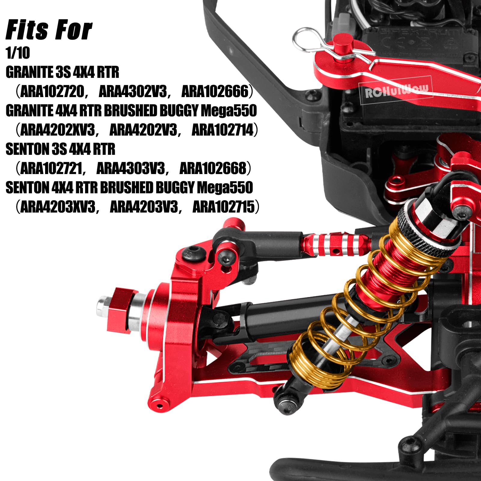 RCHuiWow RC Upgrades Part for 1/10 Senton/Granite 3S &550,Shocks,Driveshafts,A Arms,Turnbuckles,Caster Block Set,Gearbox,25T Servo,58T Slipper,Center CVD &Support,Shock Towers,Steering,Red