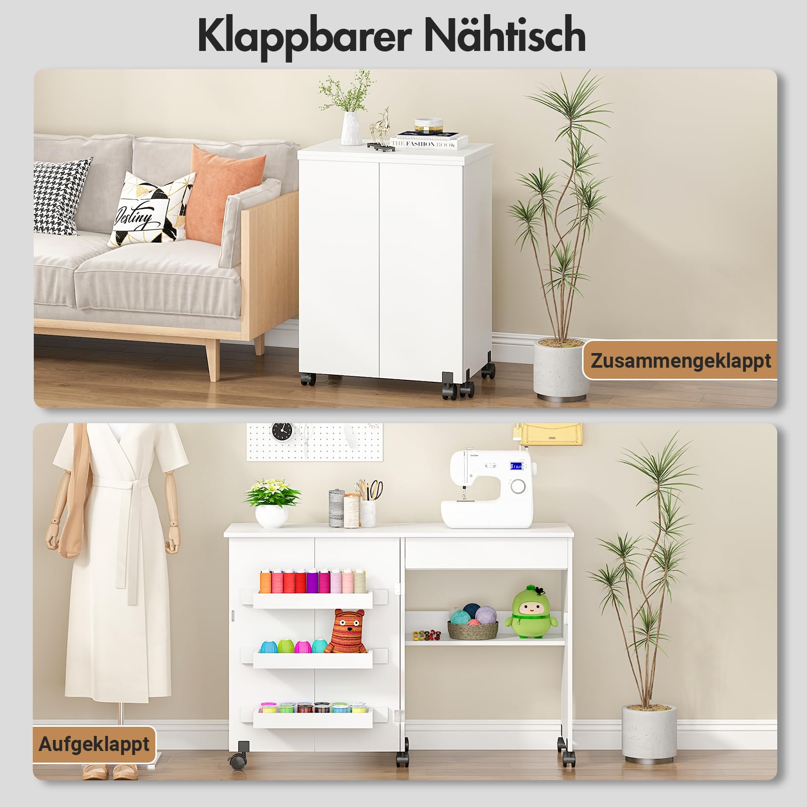 Nähtisch Klappbar & 2-in-1 Nähmaschinentisch – Mobiler Nähmaschinenschrank mit Rollen, 4 Ablagefächern & Schublade – Multifunktionaler Basteltisch & Schreibtisch für Wohnzimmer & Arbeitszimmer