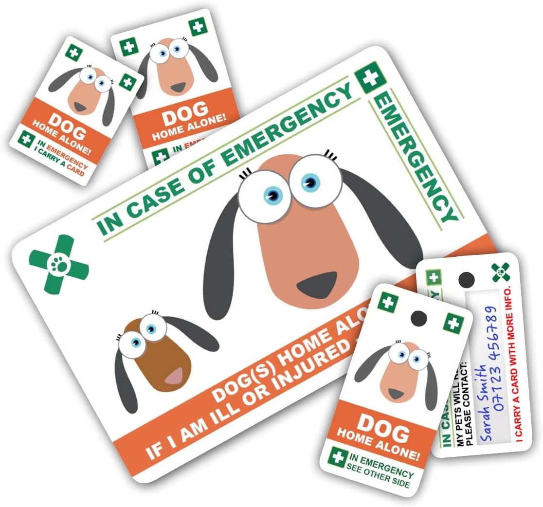DOG Home Alone PREMIUM Card Pack - Wallet size card with WRITABLE reverse for Contact Details of Friends, Family or Neighbours who will look after you pets if you are ill or injured