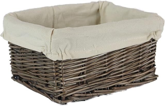 Grey wicker shelf baskets tray shape. Bedroom kitchen and home office storage. Cotton liners on whole willow stems (24cm, Grey Lined)