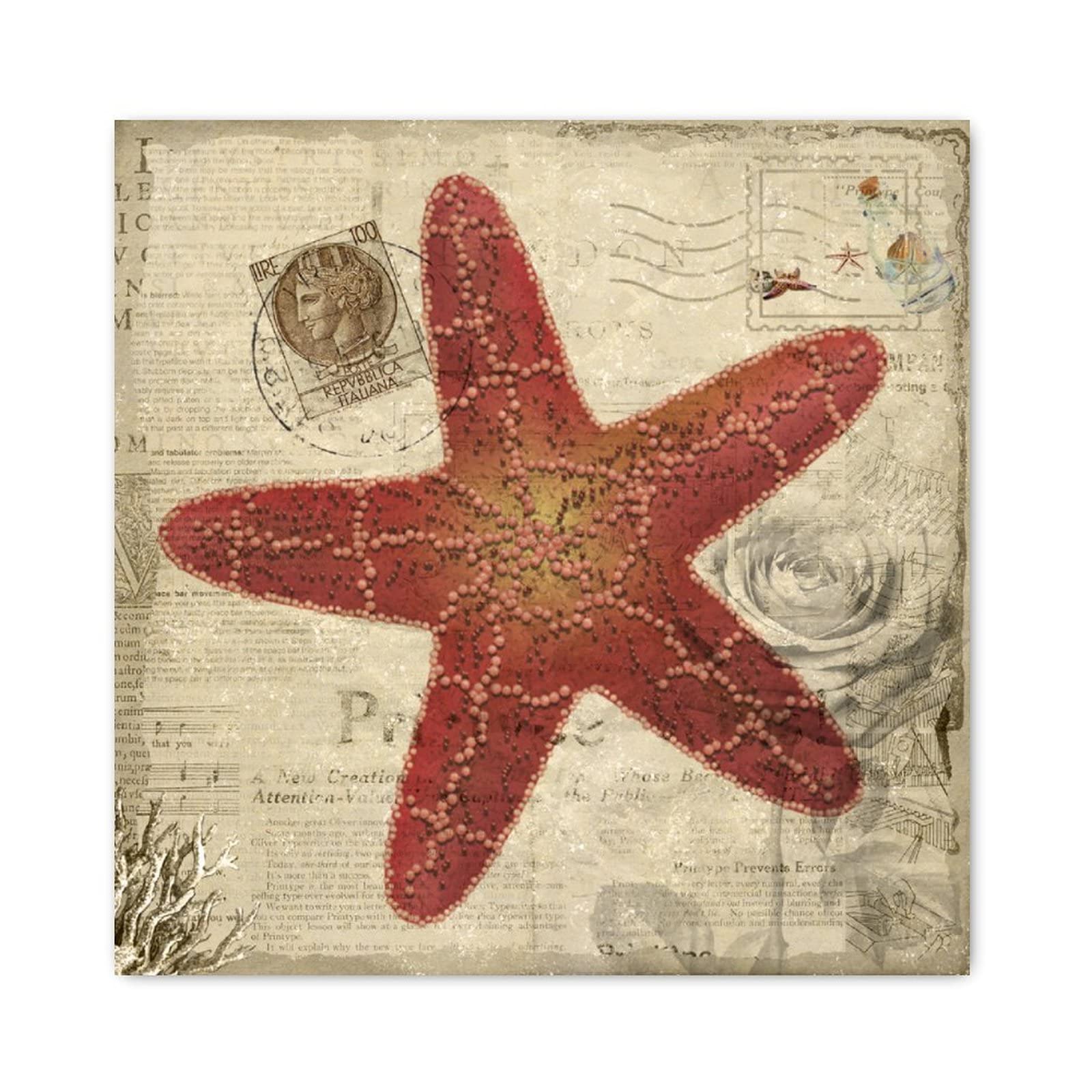 Plaque étoile de mer en bois vintage avec imprimé floral