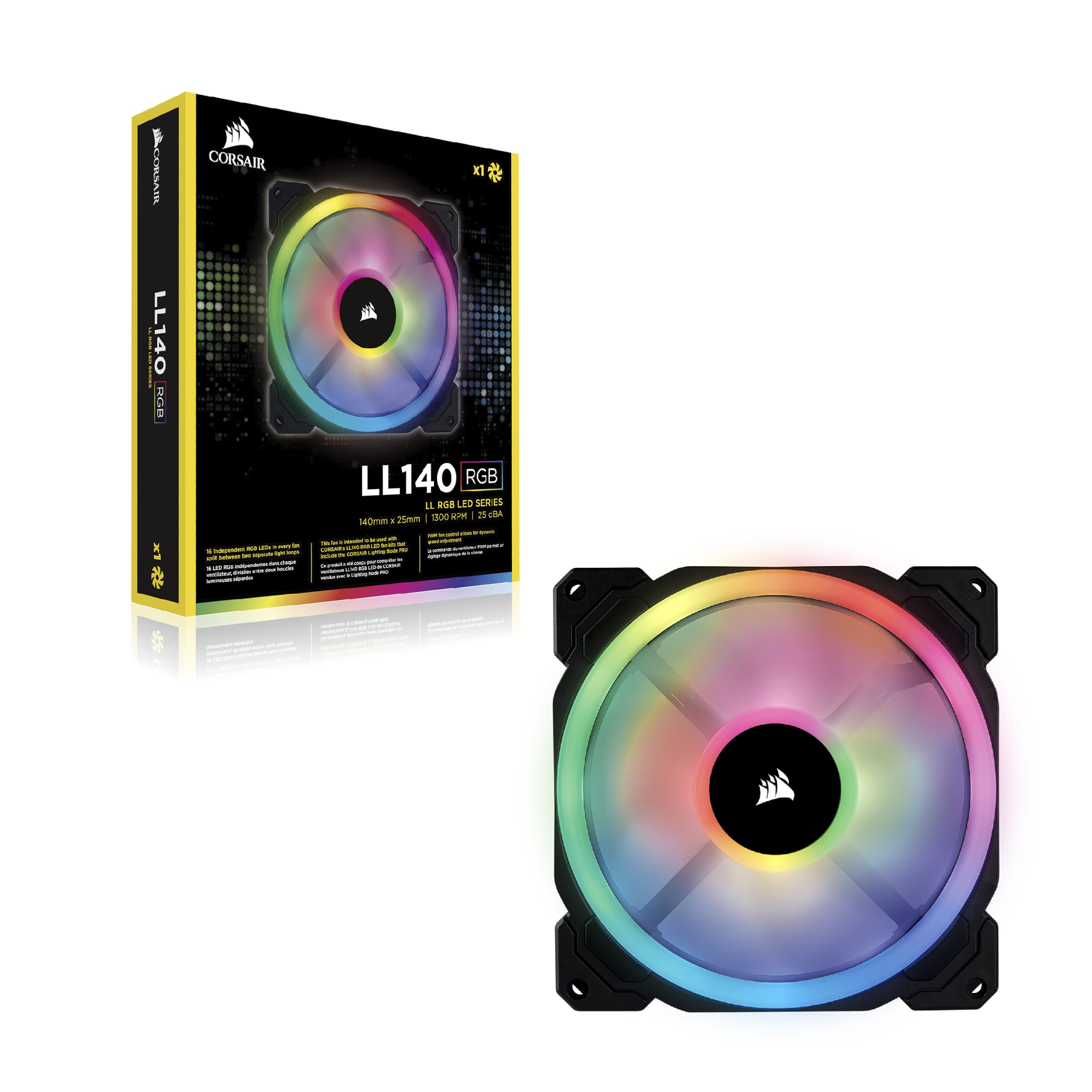 Corsair LL140 RGB Ventilador de PC (140 mm, Doble Halo RGB LED PWM) Paquete Soltero