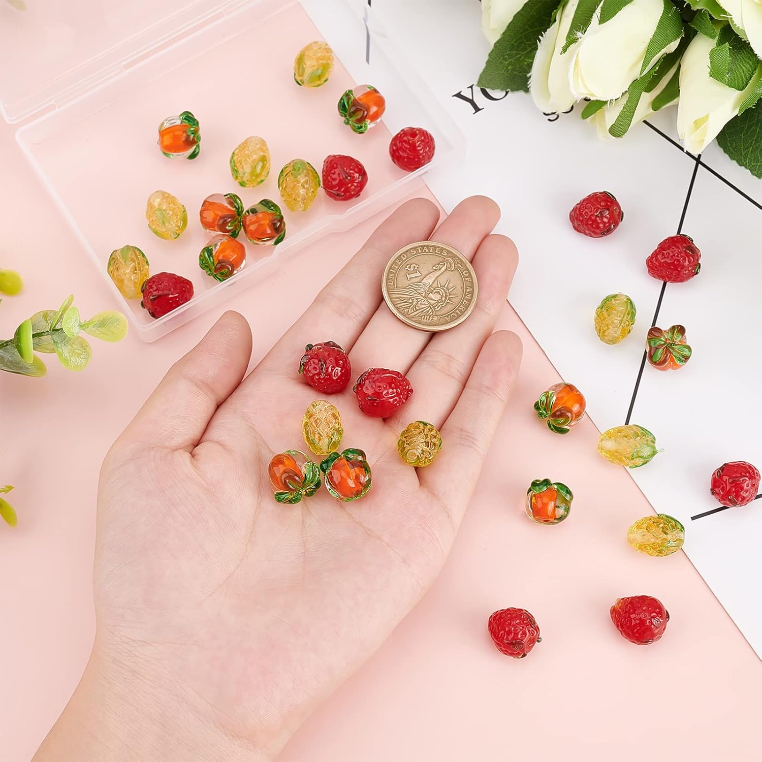 BENECREAT 30Pcs 3 Styles Fruit Handmade Lampwork Glass Beads, Pineapple Strawberry Persimmon Crystal Loose Beads for DIY Craft Bracelets Necklace Jewellery Making - Image 3