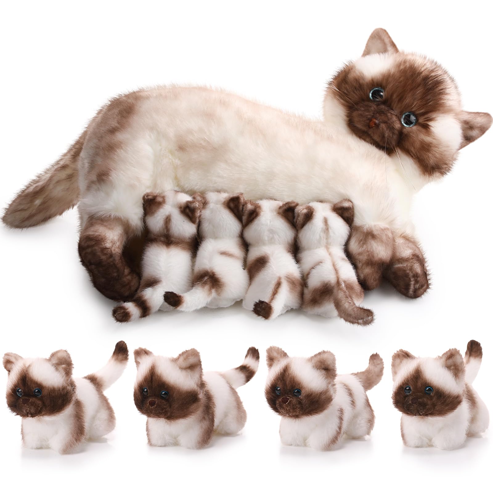Skylety Nurturing Siamese Cat Stuffed Animal with 4 Baby Kittens, Cat Baby Stuffed Animals Plushy Mommy Kitty with Plush Kittens for Birthday Party