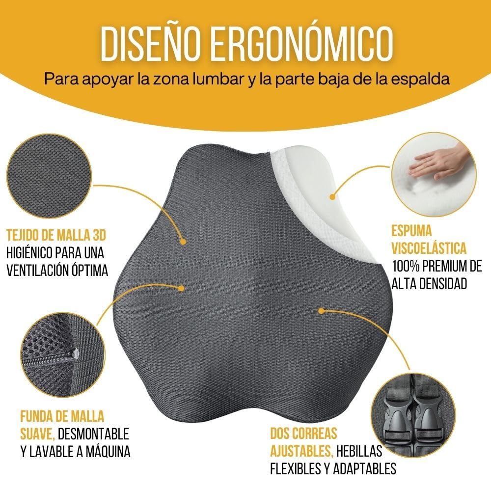Inphysio - Juego de 2: Cojines de Asiento y Respaldo Ergonómicos - Cojines para Sillas - Cojines Lumbares - para Escritorio, Oficina en Casa, Oficina - Soportepara Lomo - 45x41x10,5 cm / 45x35x7 cm