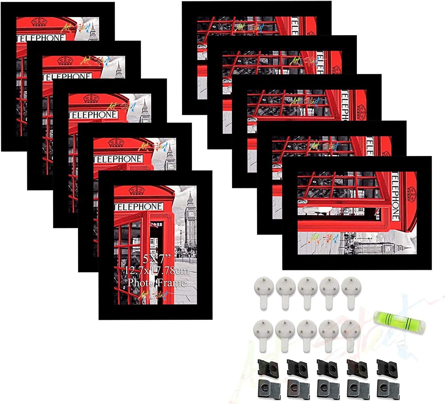 Art Street Wall Photo Frame Black 5x7 Inches Set of 10 Individual Picture Frames with FREE hanging Accessories