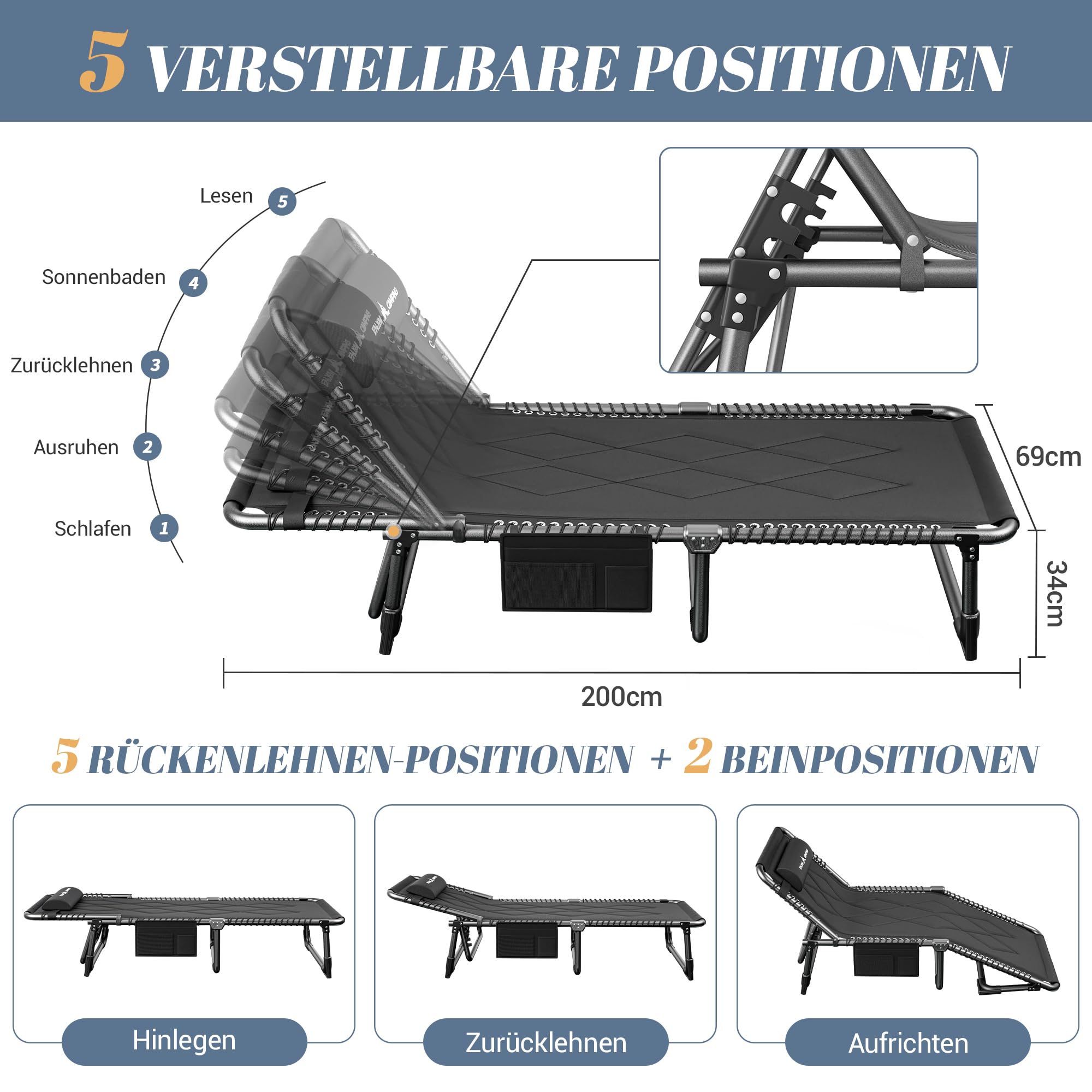 UDPATIO Camping Betten Feldbetten Klappbar, Liegestuhl Mit Auflage Polster, Gartenliege mit Verstellbarer Rückenlehne, Strandliege Campingliege für Outdoor Camping Schwarz