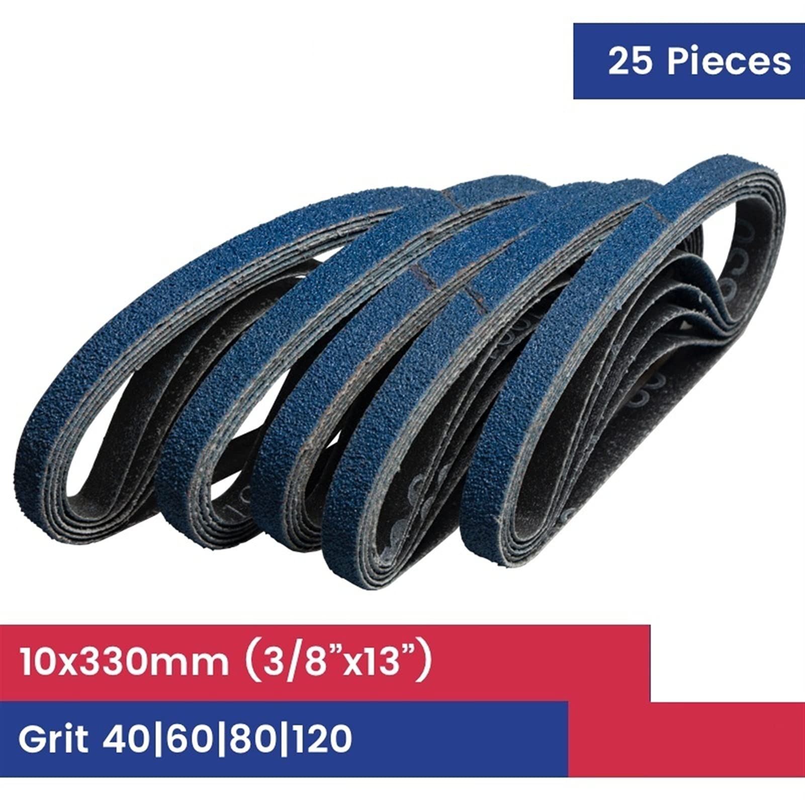 Cinta de lija azul de circonia de 10 x 330 mm, 25 unidades, grano 60, 80, 120, para lijadora de banda, grano medio (120)