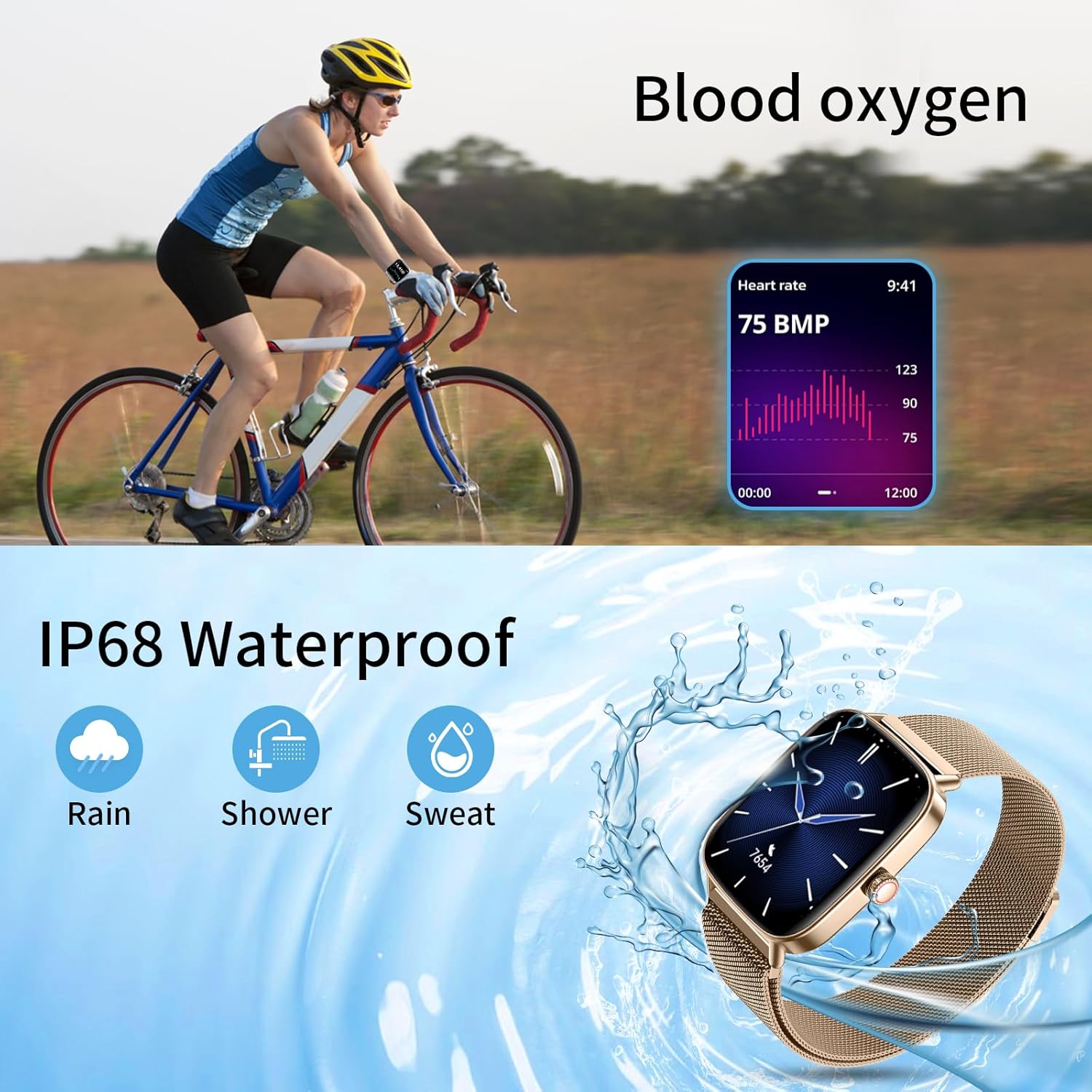 J-CD Smart Watch for Women, 1.85 inch Large Screen, Support Make Voice/Bluetooth/Sports Mode, Fitness Trackers/Heart Rate/Calories/Sleep Monitor, Compatible with Android/iOS, IP68 Waterproof