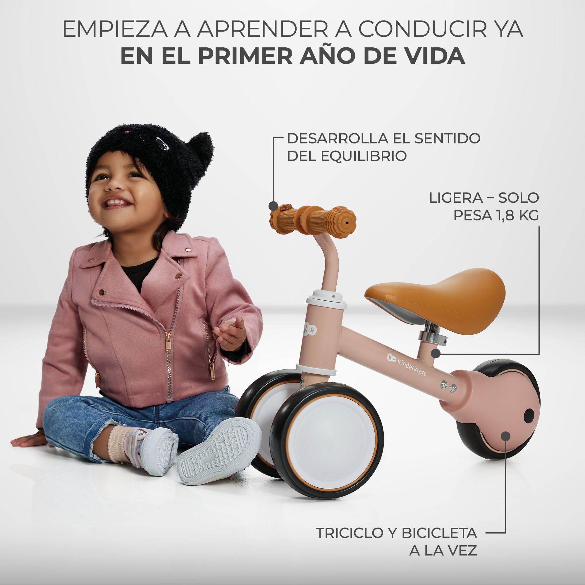 Kinderkraft CUTIE 3 en 1 Minitriciclo, Bicicleta De Equilibrio, Sin Pedales, Triciclo, Ajustable, Multifuncional, Ultraligera, Desde 1 Año De Vida Hasta Los 15 Kg, Azul