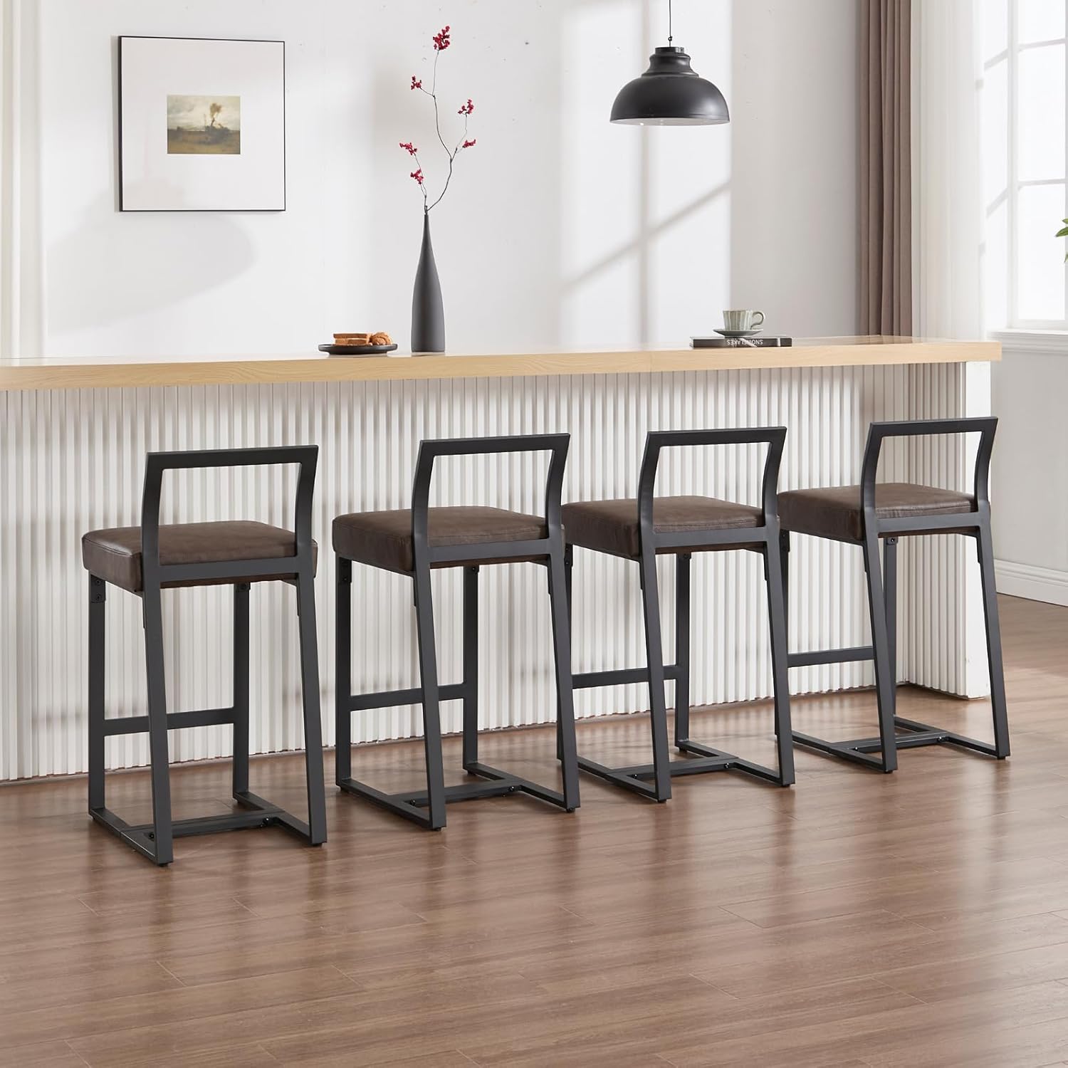 Ya-Home 26’’ Modern Bar Stools Set of 4, Upholstered PU Leather Bar Chairs with Backrest Armless Counter Height Stools with Metal Frame for Kitchen Island Dining Room, Grayish Brown