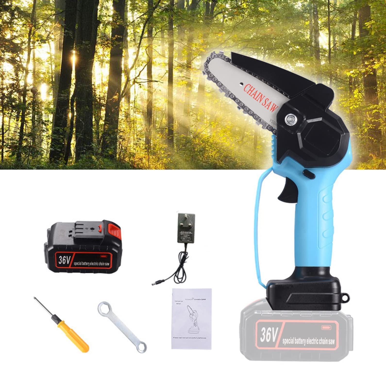 Mini motosega, sega a catena a batteria da 4 pollici elettrosega elettrica a batteria a 24 V, piccola sega a una mano ricaricabile portatile per taglio di alberi e taglio del legno ( Color : Blue )