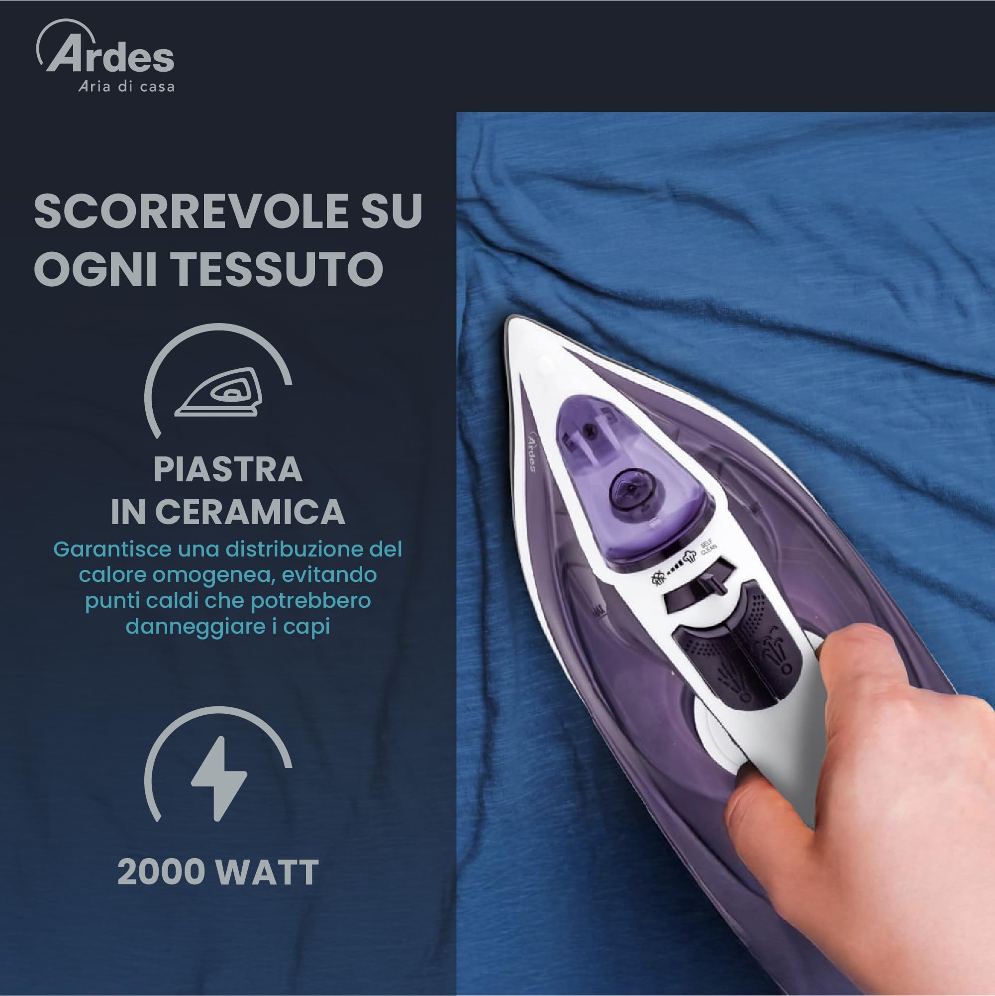 ARDES ARSTIR01W Plancha de vapor Vapor Pro COMPACT, 2000 W, depósito de 0,20 litros, salida de vapor de 120 g/min, con suela de cerámica, mango ergonómico, fácil de manejar y ligera