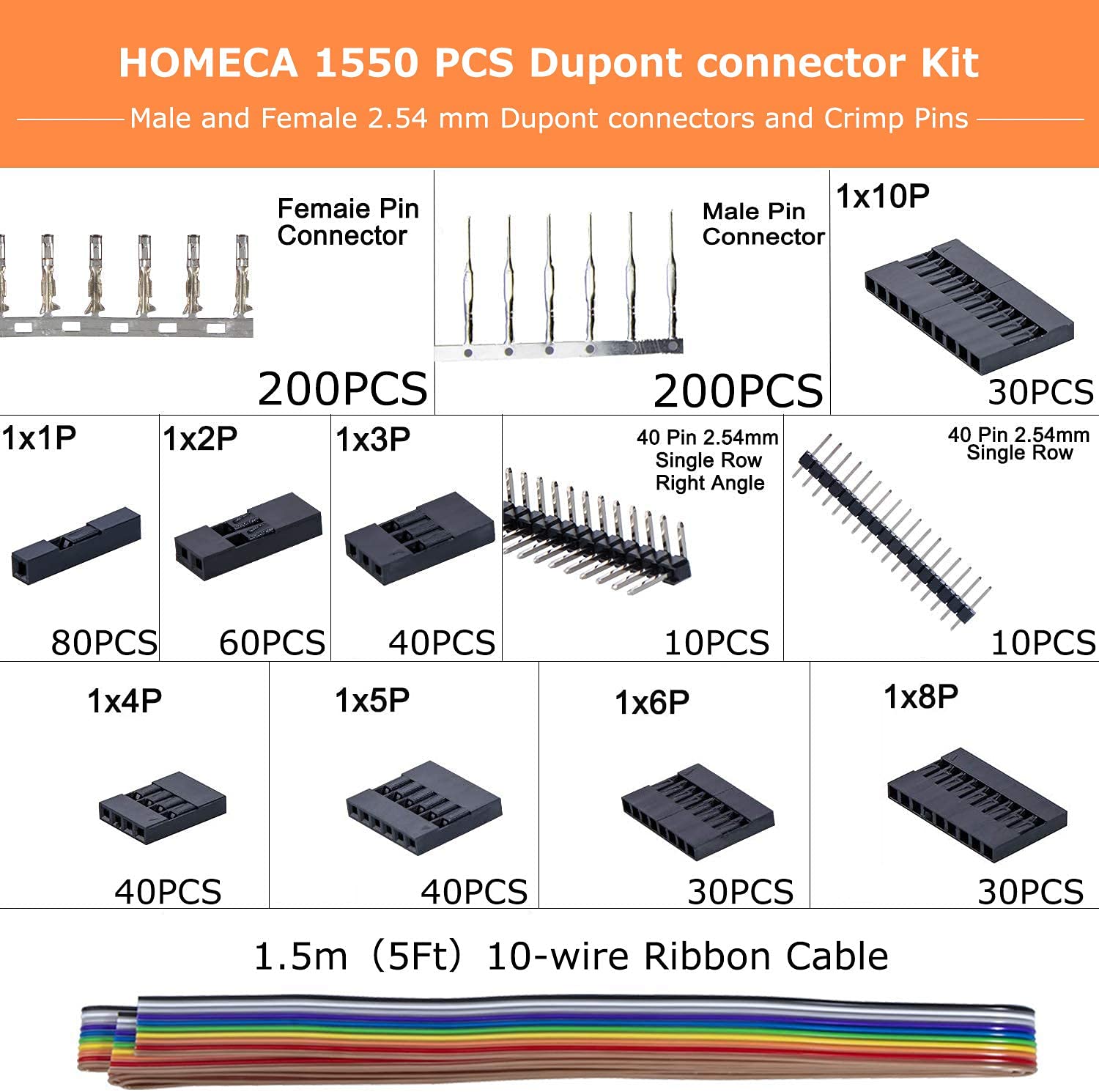 Herramientas de Crimpadora Dupont, Juego de Crimpadora con 1550PCS Pins Macho y Hembra Conector Dupont 28-18AWG 0.1-1.0mm²