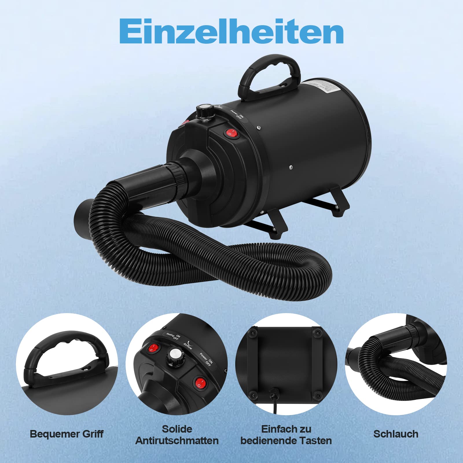 XKISS Soffiatore per Cani 3200W/4.5 PS, Asciugatore per Cani,Continua con velocità e Temperatura Regolabile Asciugacapelli per Animali Domestici, con 4 Ugelli Diversi (Nero)