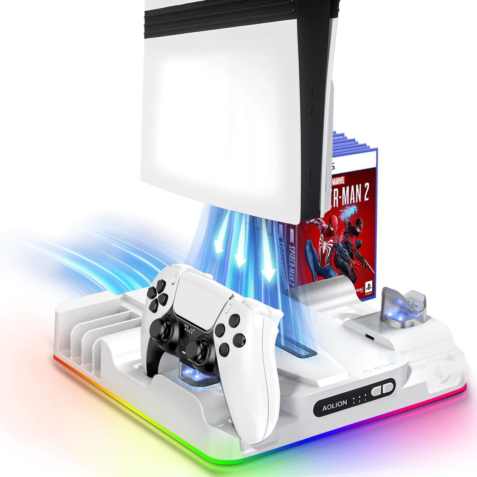 Garlo PS5/Slim/Pro Stand and Cooling Station, Controller Charging Station with RGB LED for Playstation 5/Slim/Pro Disc/Digital Console Stand Accessories, Cooling Fan, Game Slot, Usb Charging