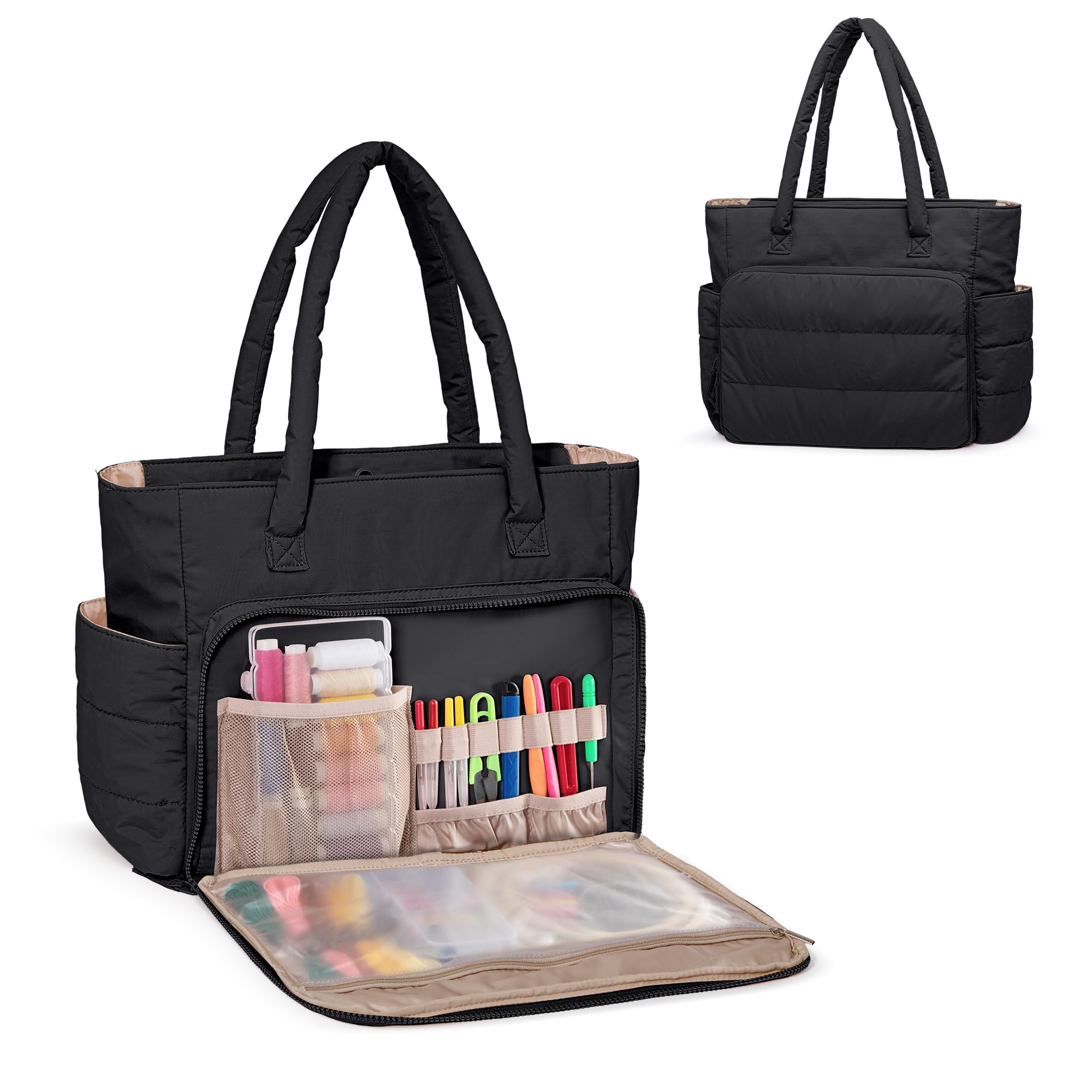 Bolsa para proyectos de bordado y costura con organizador de hilos negro