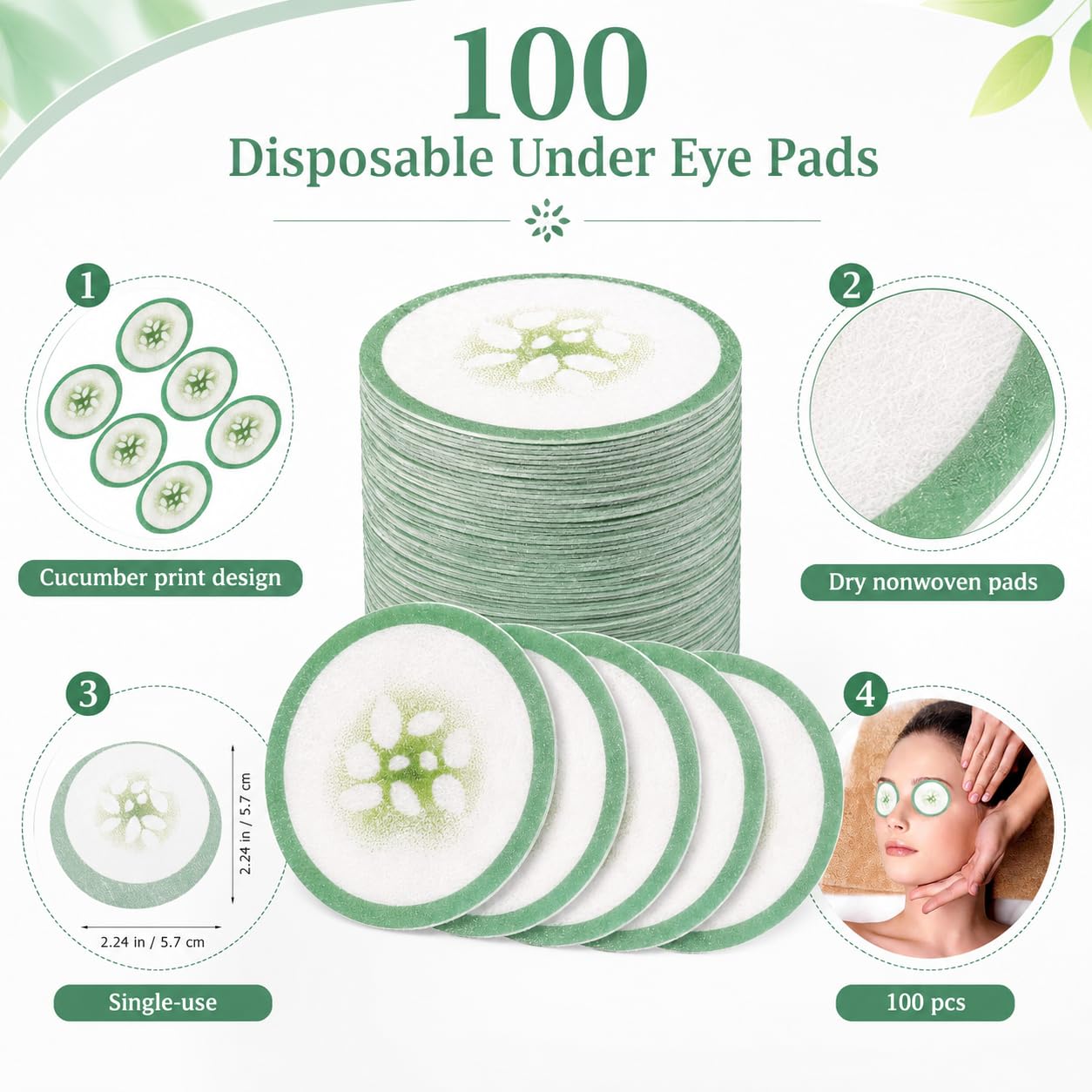 LEORX 100 Pcs Cucumber Eye Pads, Disposable Nonwoven Facial Covers with Cucumber Print for Facials, Beauty Care, Home, Travel and Salon Use