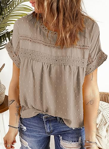 Vista 4 de Dokotoo Blusas de verano para mujer, cuello redondo, encaje, ganchillo, manga corta, blusas casuales de gasa