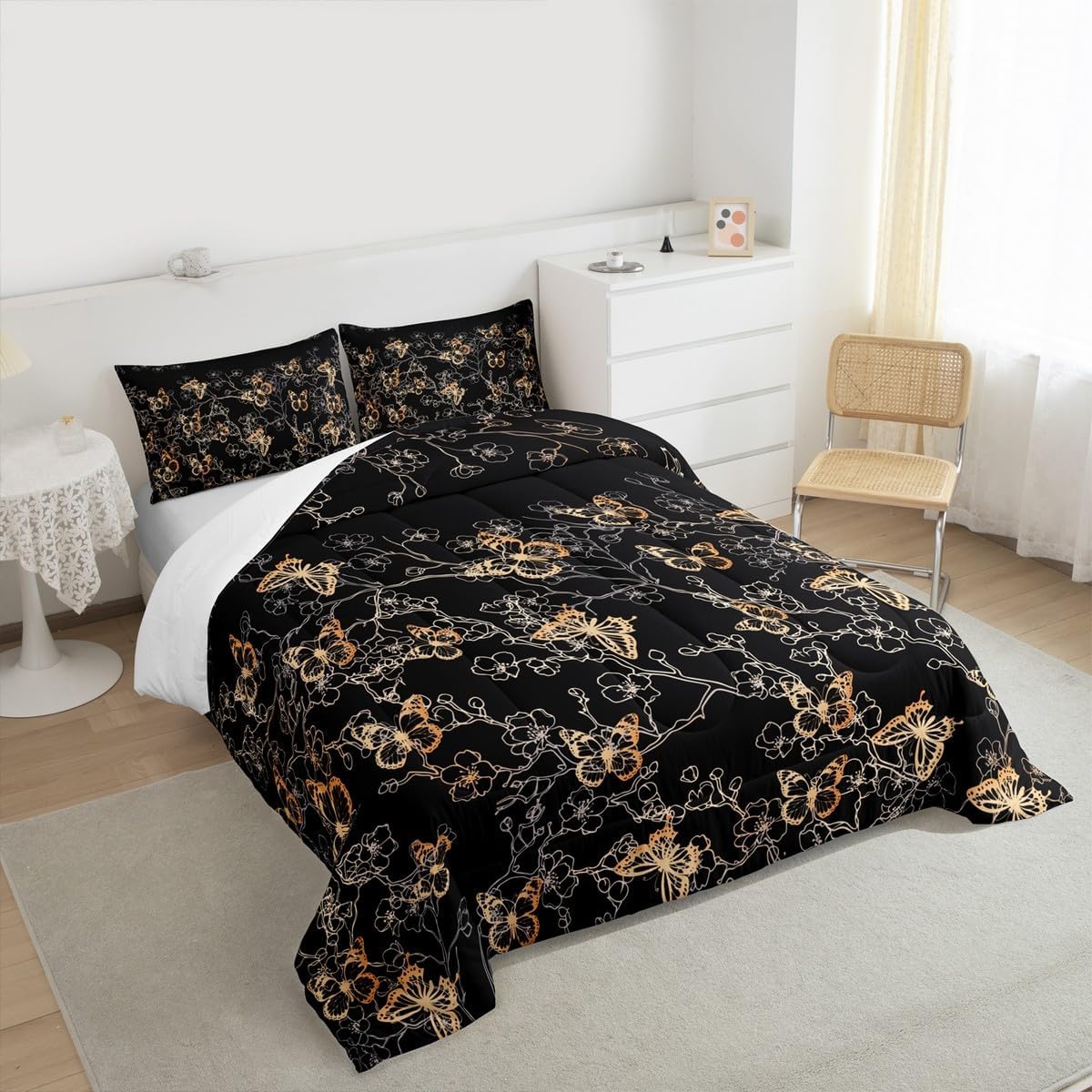 Feelyou Girls Butterfly Comforter Set Queen Size Cherry Blossom Bedding Set for Kids Boys Gold Beautiful Butterflies Duvet Quilt Bedroom Decor 3 Pcs with 2 Pillow Cases