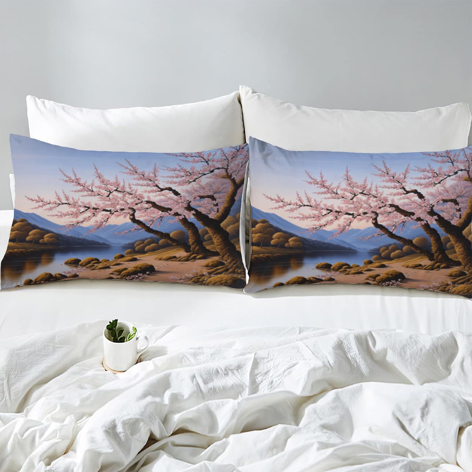 Parure De Lit 3 Pièces Microfibre, Motif Paysage Chinois - Housse De Couette 135x200 Avec Fermeture éclair, Taie 48x75