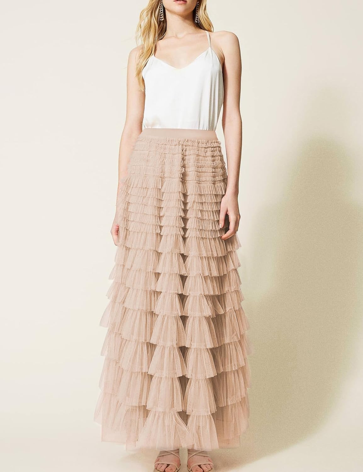 Womens Long Maxi Tulle Skirt A Line Ruffle Mesh High Waisted Tiered Layered Skirts Petticoat - Image 2