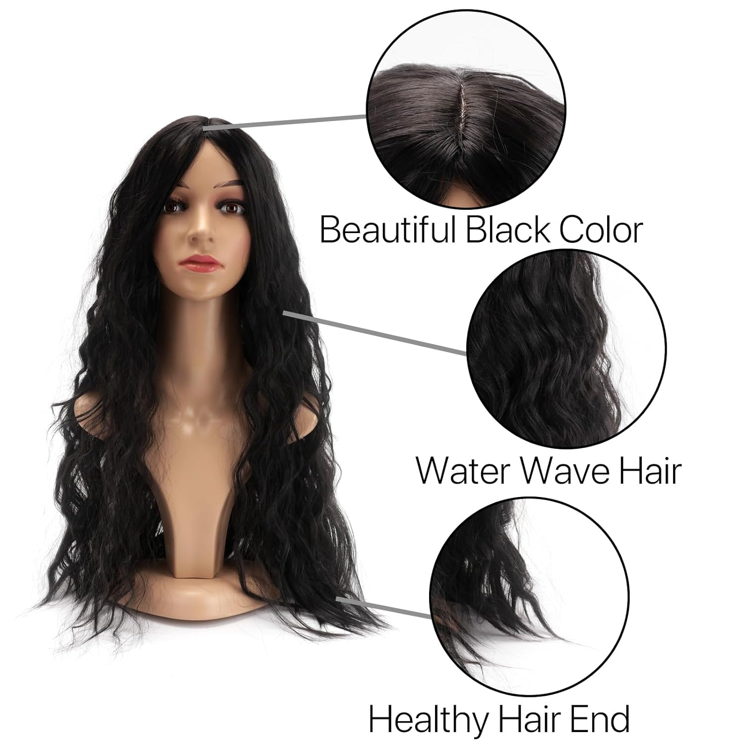 Water Wave Black Wig for Women|Synthetic Long Black Wigs for Black Women|Deep Wave Closure Wigs for White Women 27 inch - Image 3
