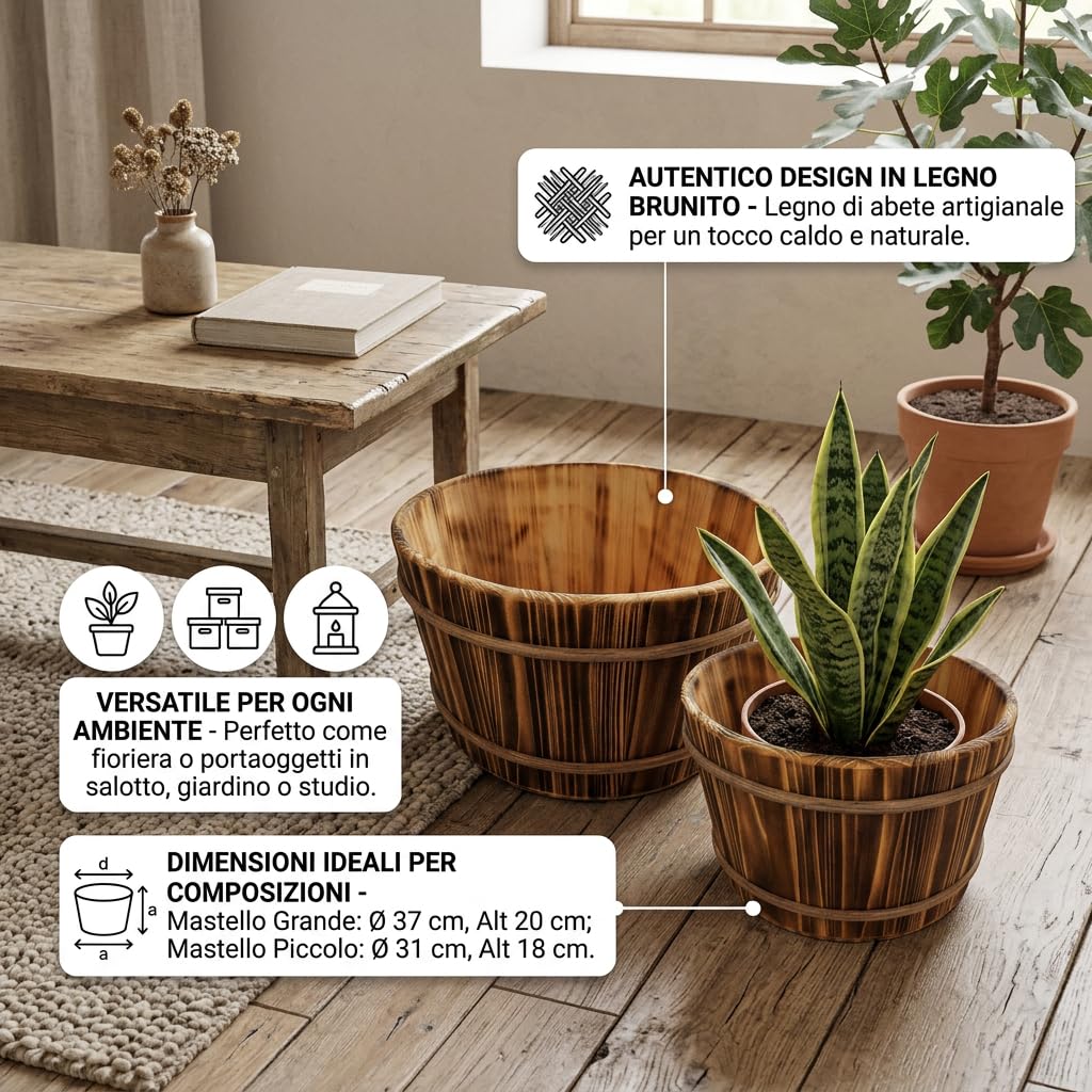 Set 2 Mastelli in Legno di Abete Brunito Marrone, Fioriere e Portaoggetti Decorativi di Diverse Dimensioni, Contenitori Rustici per Casa e Giardino
