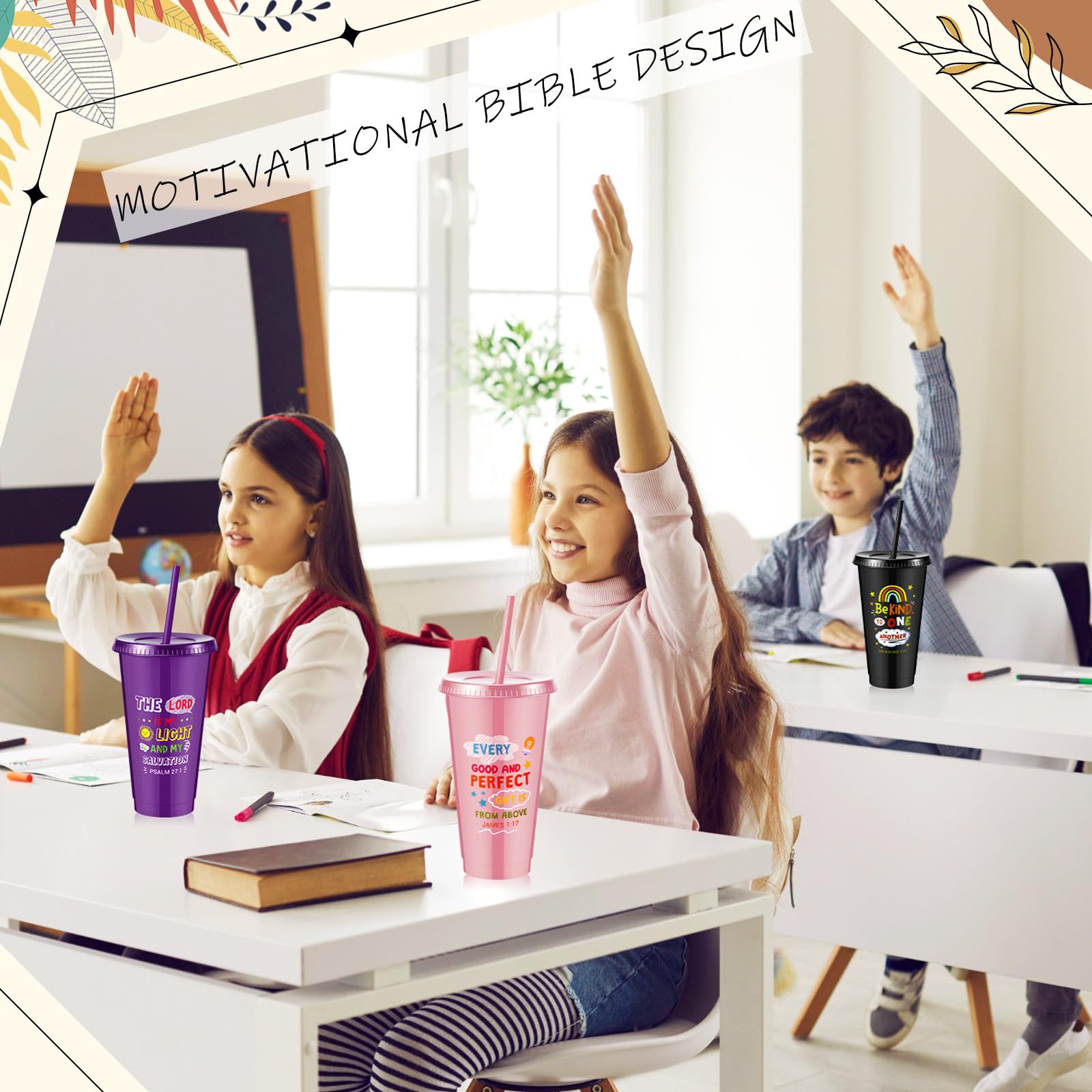 Uiifan Lot de 30 gobelets chrétiens en plastique avec couvercles et paille - 710 ml - Cadeaux chrétiens inspirants pour enfants, Noël, dimanche, école, fête religieuse