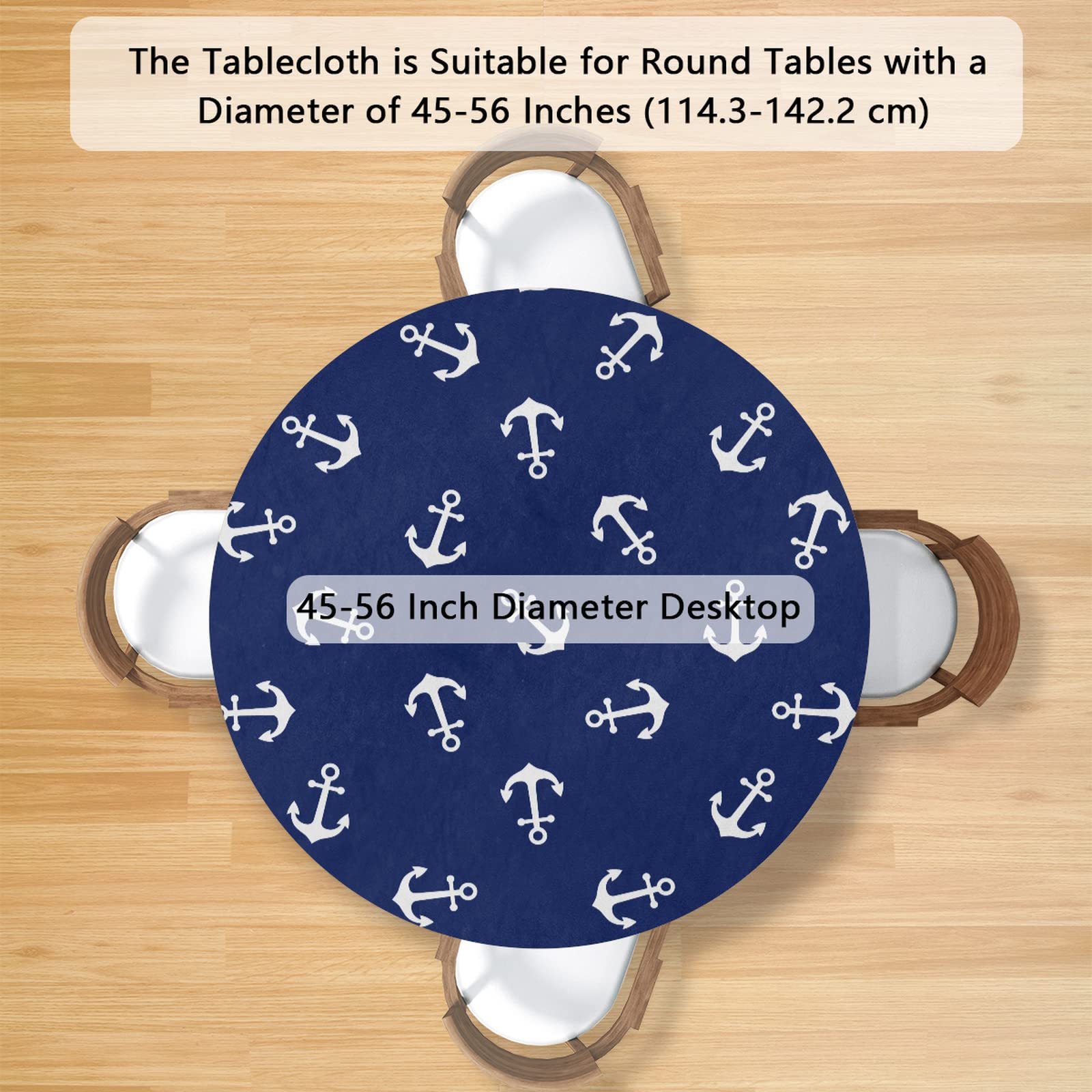 Anchor Nautical Round Tablecloth with Elastic Edge - Beach Theme Fitted Waterproof Wipeable Cover for Dining Kitchen Party Indoor Outdoor Patio 45