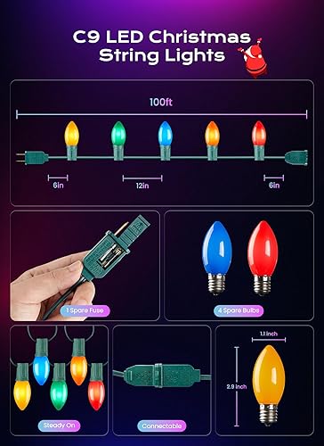 Miniatura 3 de Luces LED C9 de Navidad para exteriores, 100 pies, 100 pies, 100 luces multicolor conectables C9 para árbol de Navidad, patio, techo, jardín, patio,