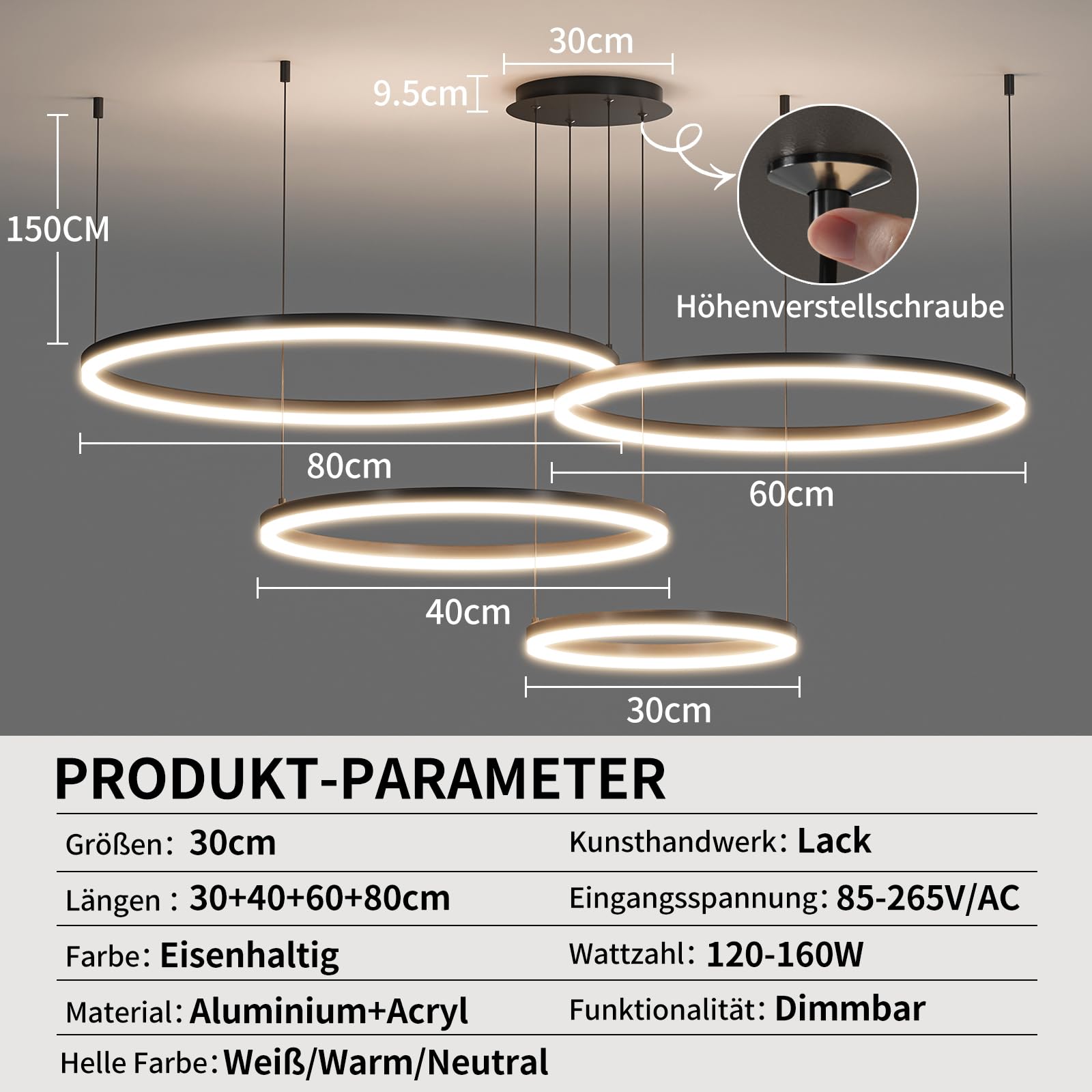 Mikeru Lampada a Sospensione Rotonda Con 4 Anelli, 30+40+60+80cm Moderna Lampada Da Soggiorno Con Luminosità Regolabile 10%-100% 3000k/4500k/6000k, Lampada a Sospensione per Ufficio/Sala