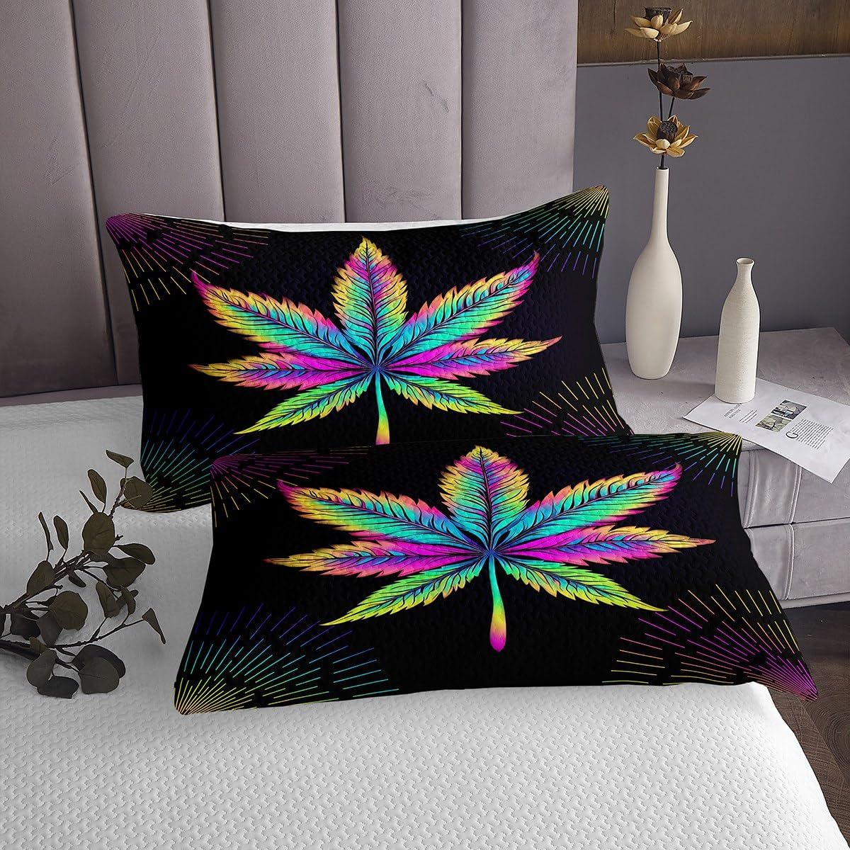 Rainbow Marijuana Weed Coverlet Set Chic Bohemian Tropical Plants Quilted Coverlet Boho Mandala Flowers Comforter Set Bedspreads Quilt Set for Children Kids Coverlet Set,Twin Size 2 Pcs