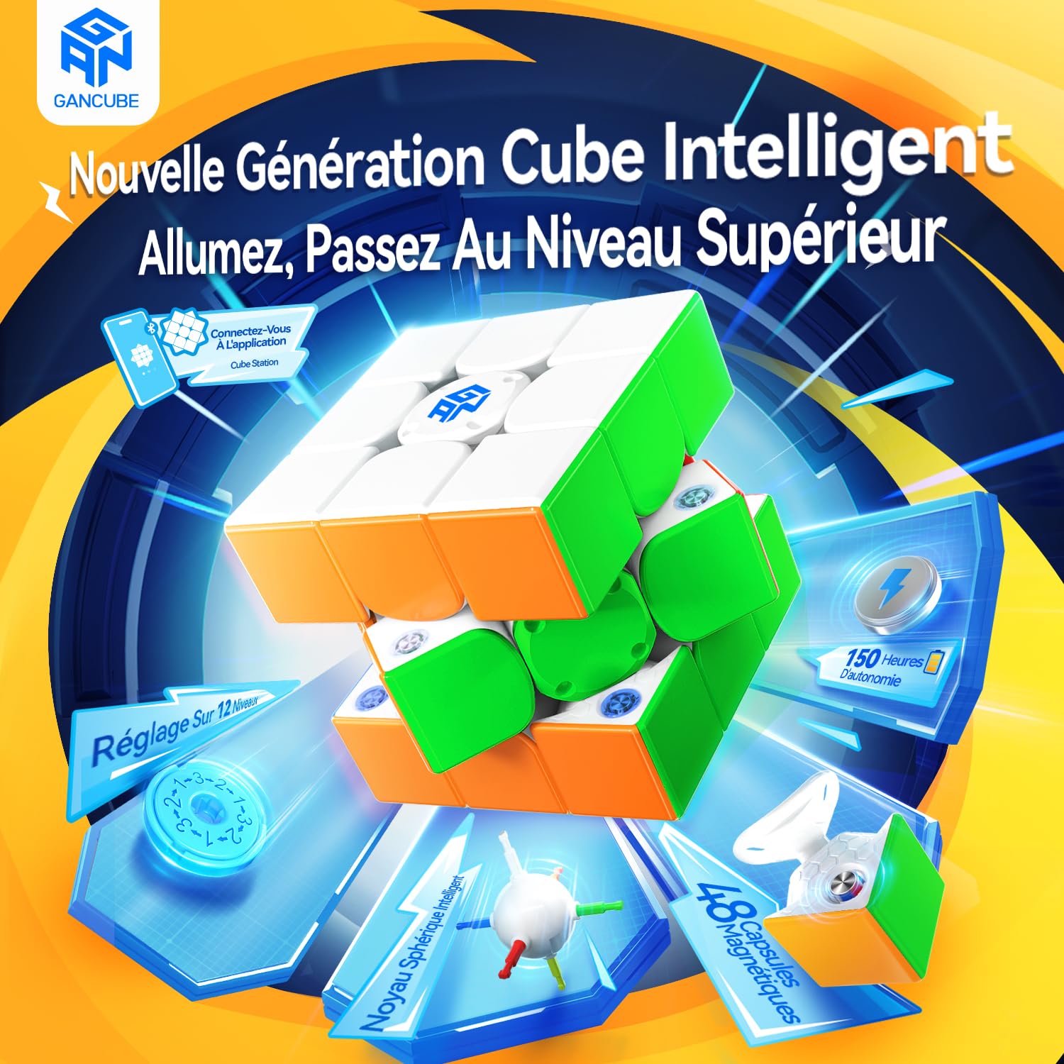 GAN356 i Carry E Smart Cube 3x3 Speed Cube Contrôle par Appli GES Pro+ 150h Autonomie Version Givrée