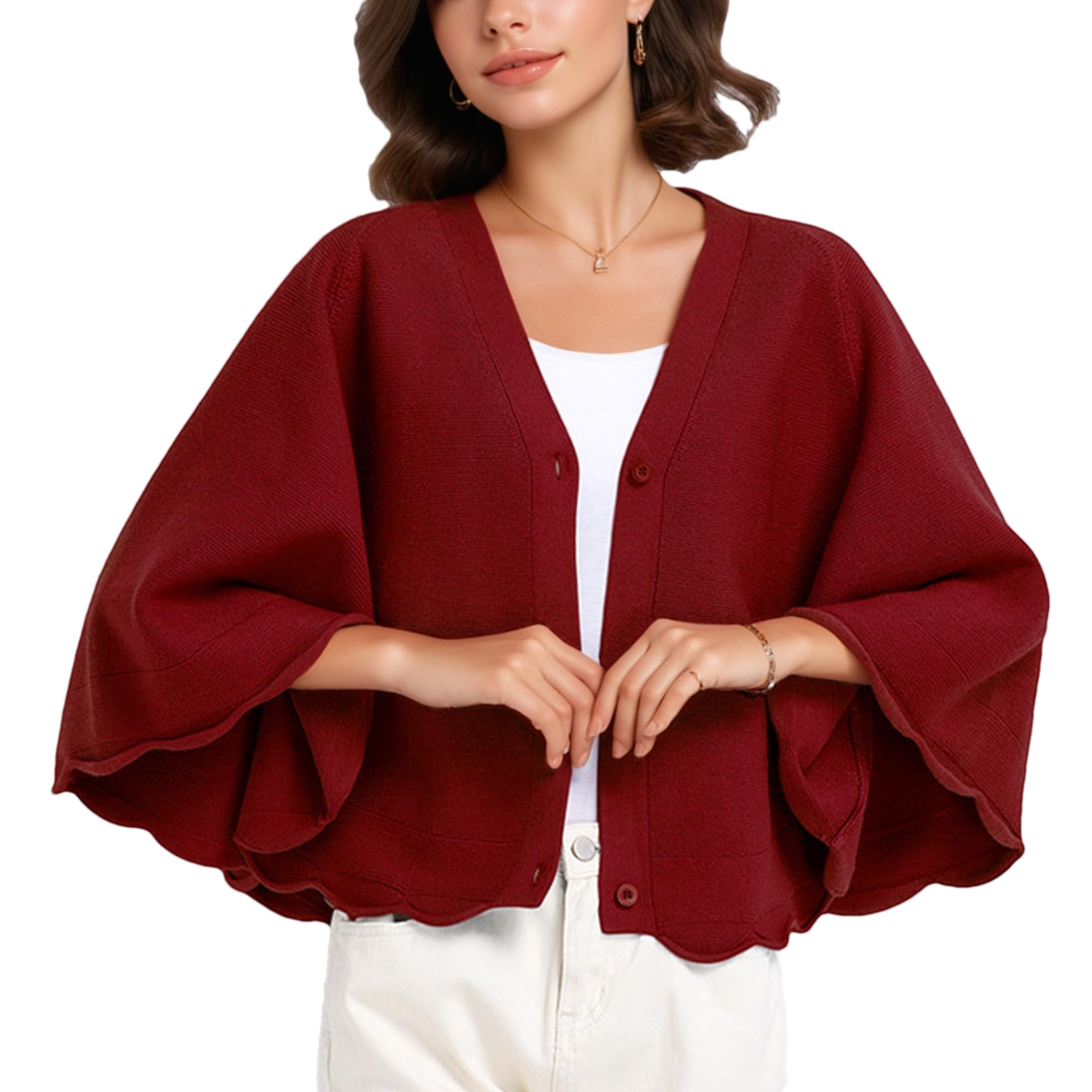 Womens Loose Cropped Knit Shawl Sweater Button Down V Neck Batwing Cardigans Lightweight Shrug Sweater