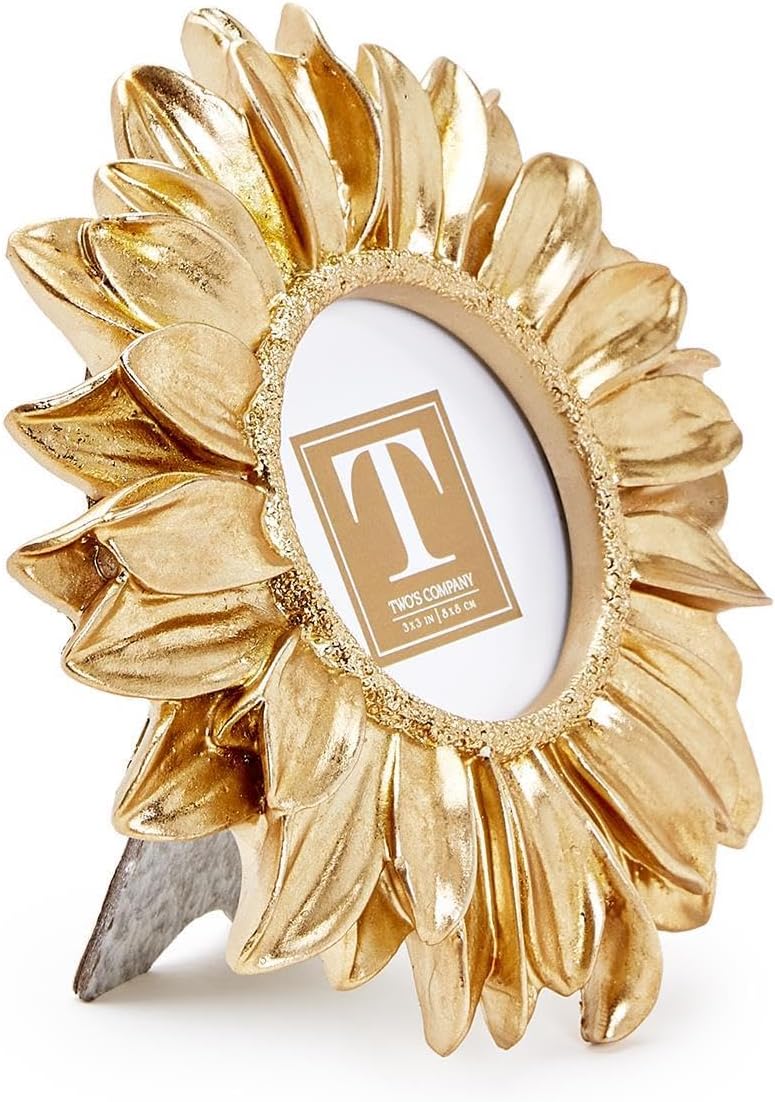 Two's Company Gold Sunflower 3x3 Photo Frame - Resin/Glass, Luxurious Gold Finish, Vertical Stand or Hang - Decorative Home & Office Accent