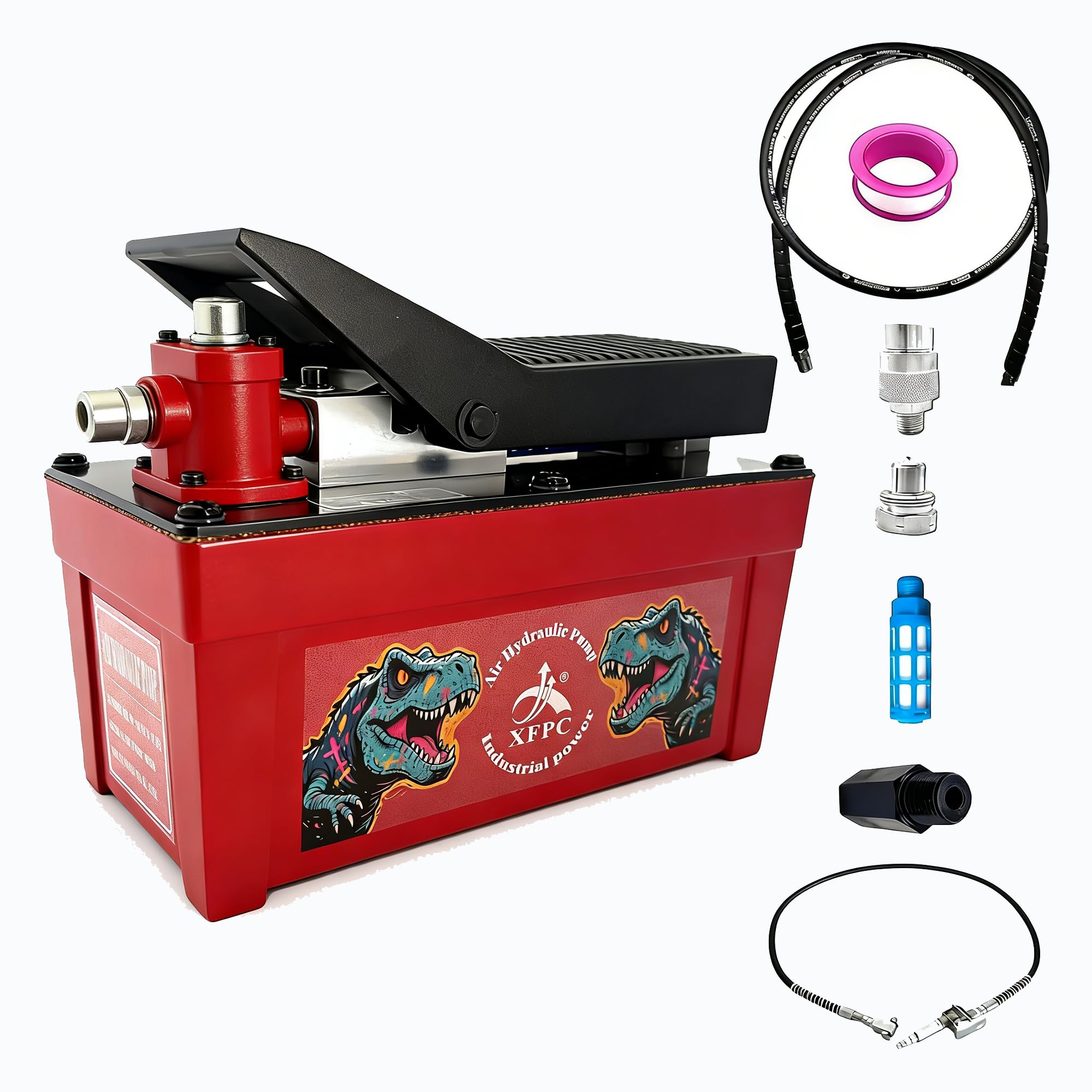 Air Hydraulic Pump 0.45 Gal 10,000 PSI Reservoir NPT 3/8" Oil Outlet, NPT 1/4" Inlet, Air Hydraulic Foot Pump Made of Aluminum with 6.6ft Hydraulic Hose and 4.1ft Pneumatic Hose, Red