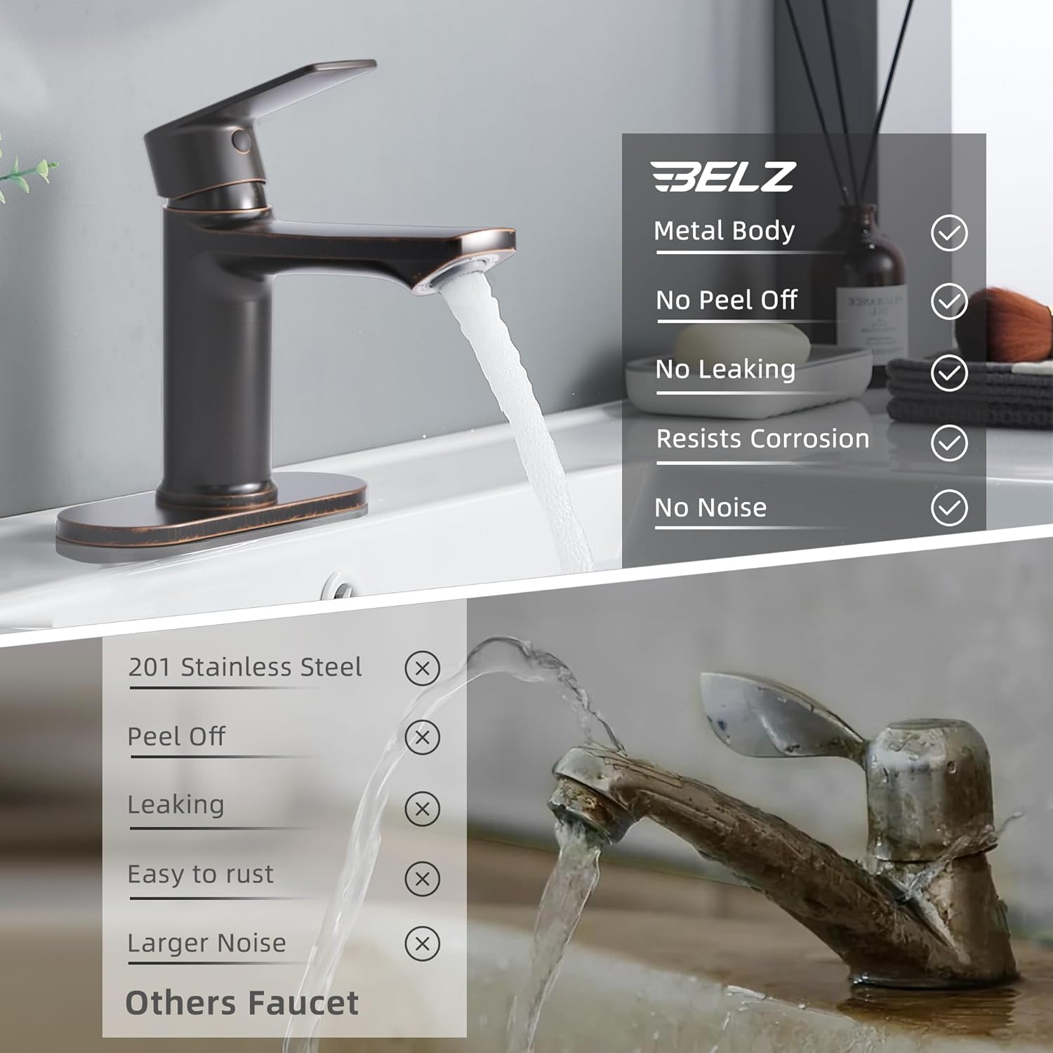 BELZ Oil Rubbed Bronze Bathroom Faucet, Modern Single Handle One Hole Bath Vanity Sink Faucet with Pop Up Drain and Deck Plate for 1 or 3 Holes