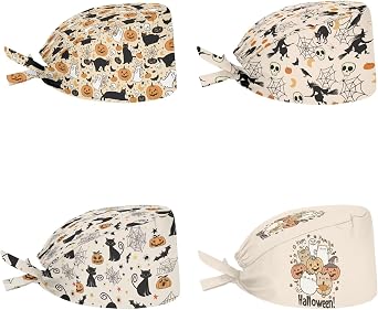 Belidome Bouffant Scrub Caps Women Long Hair Head Covering 4 Pack Back Tie Scrub Hats