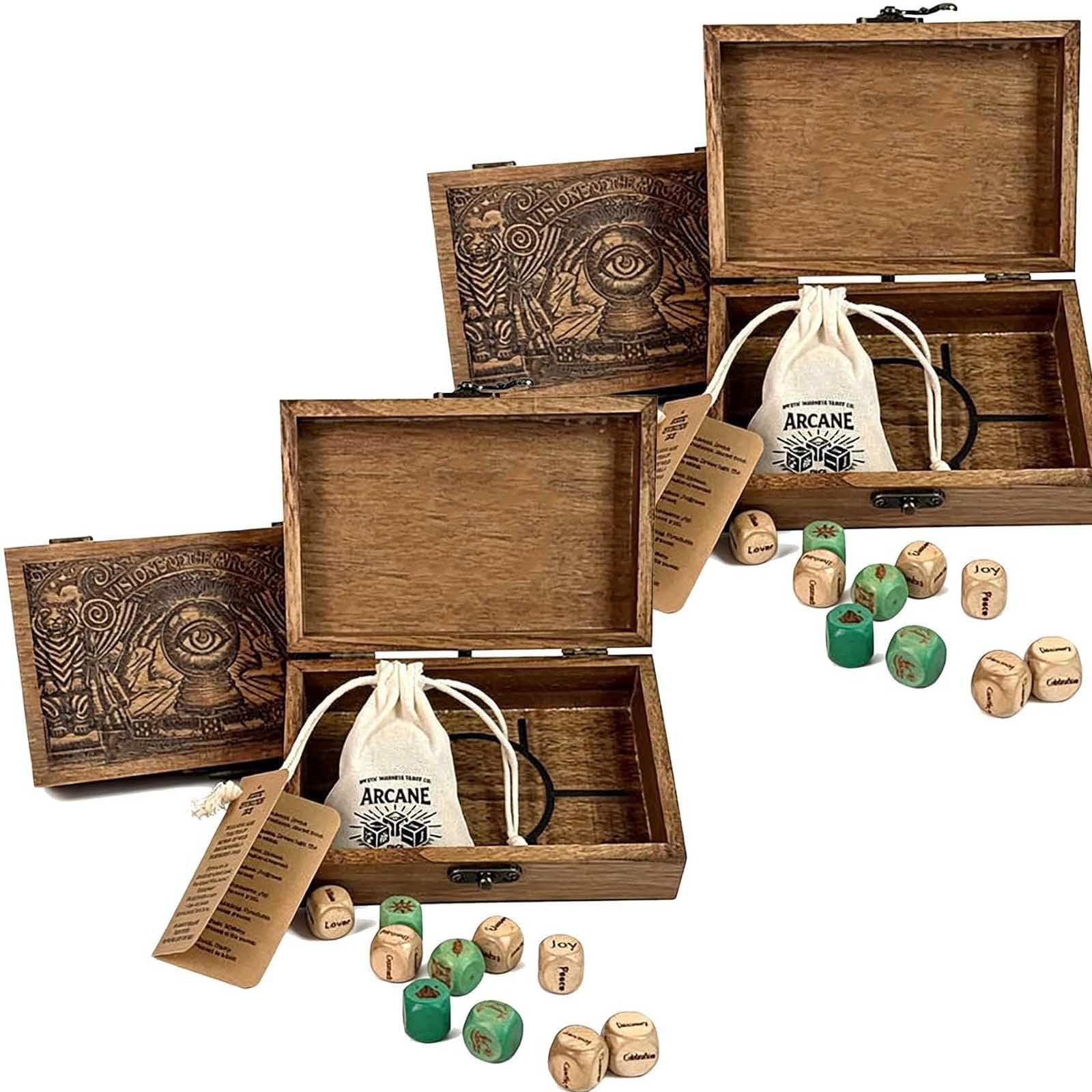 Arcane Divination Dice Set - Engraved Wooden Oracle Dice for Tarot Ritual & Rune Casting, Handcrafted Intuition Amplifier with Hand-Stained Sacred Box, Spiritual Astrology for Wicca (2pc)